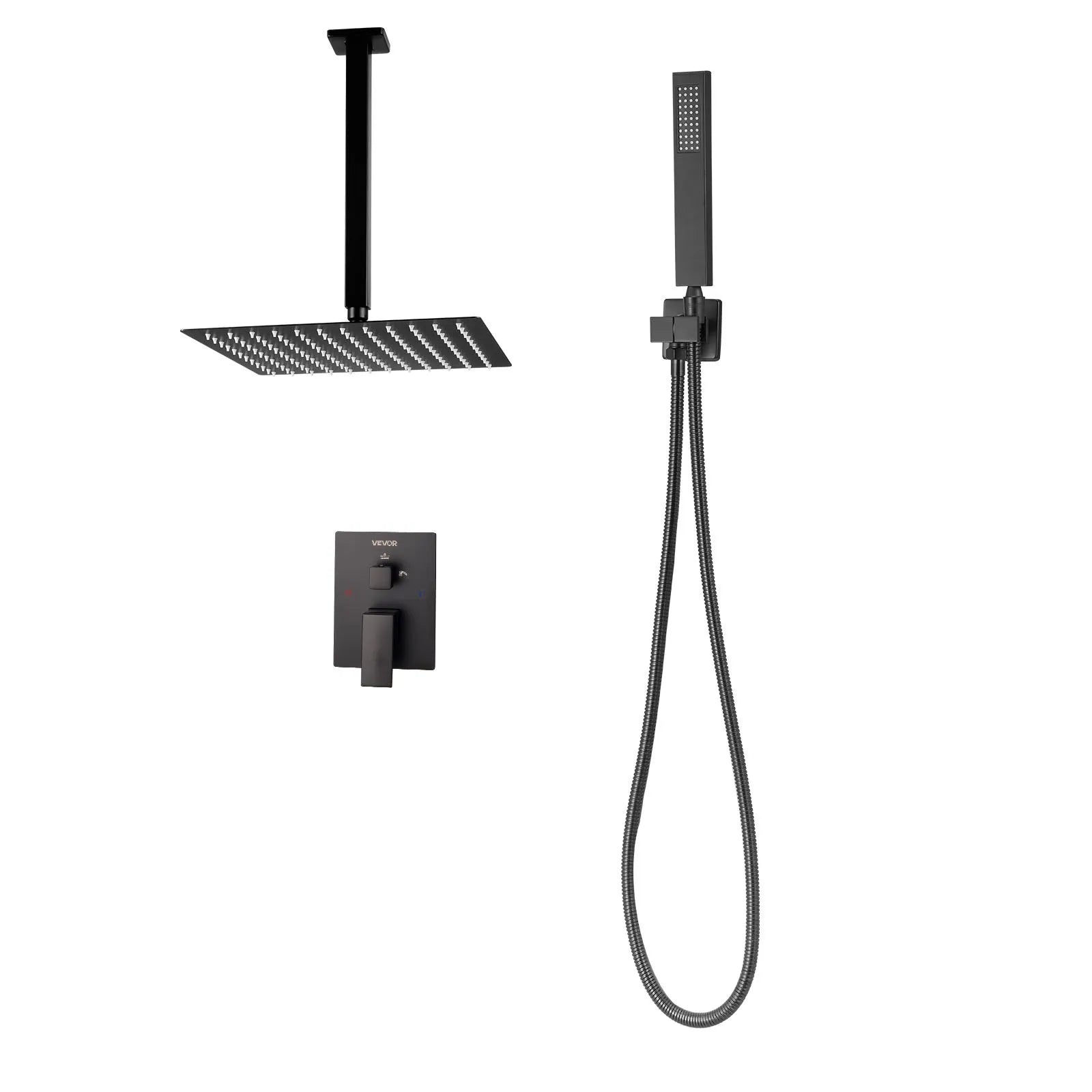 VEVOR Shower Faucet Set, Rainfall Bathroom Shower System with 10-Inch Square Rain Shower Head and Handheld Spray, Ceiling Mount Bath Fixtures with Brass Valve and Trim Kit, Matte Black 