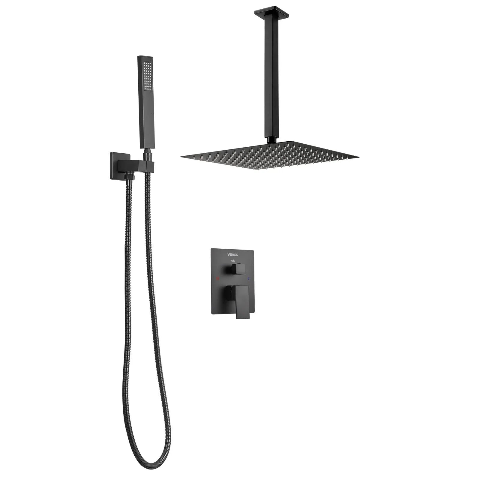VEVOR Shower Faucet Set, Rainfall Bathroom Shower System with 10-Inch Square Rain Shower Head and Handheld Spray, Ceiling Mount Bath Fixtures with Brass Valve and Trim Kit, Matte Black 
