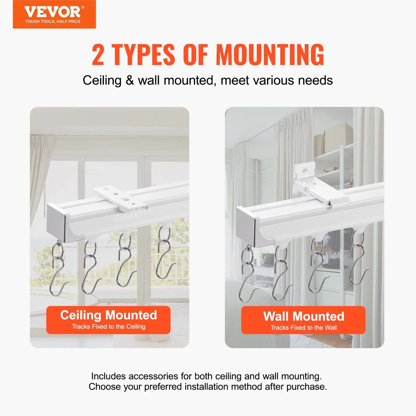 VEVOR Ceiling Curtain Track Set 5.9 FT/1.8 Meter Room Divider with Hooks White