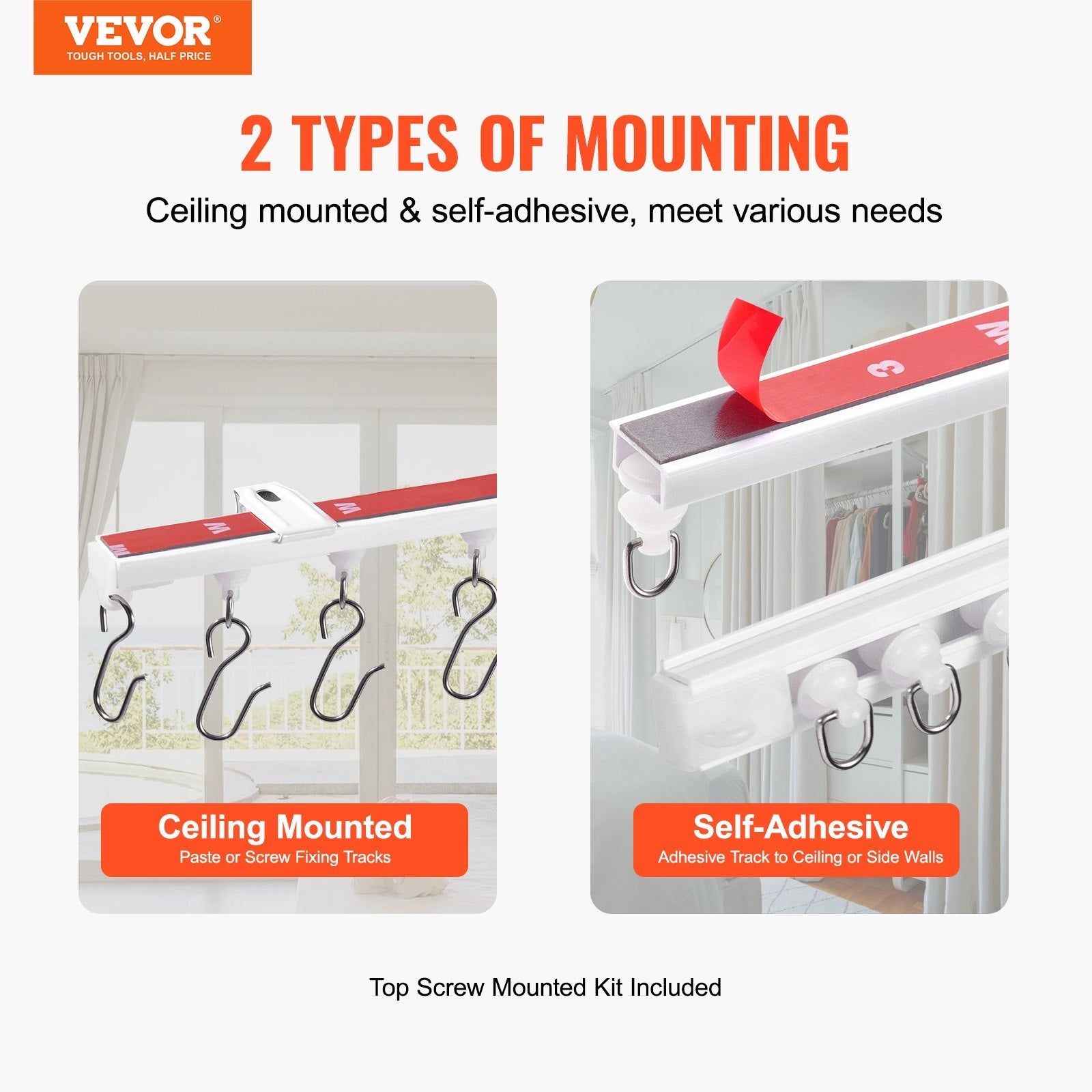 VEVOR Ceiling Curtain Track Set 9.9 FT/3 Meter Self Adhesive Room Divider White 