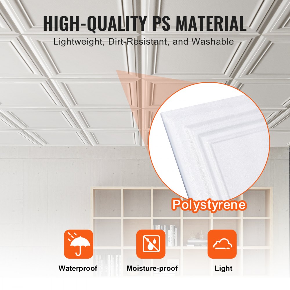 VEVOR Ceiling Tiles 48-Pack 20 x 20 in Polystyrene Easy Installation Glue-up 