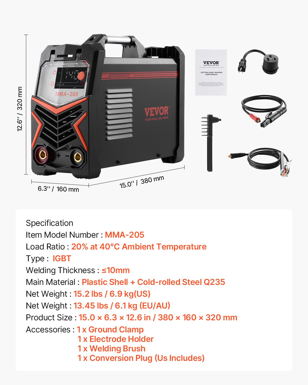 VEVOR TIG Welder 2-In-1 Welding Machine Lift MMA Stick Arc IGBT Hot Start LED 