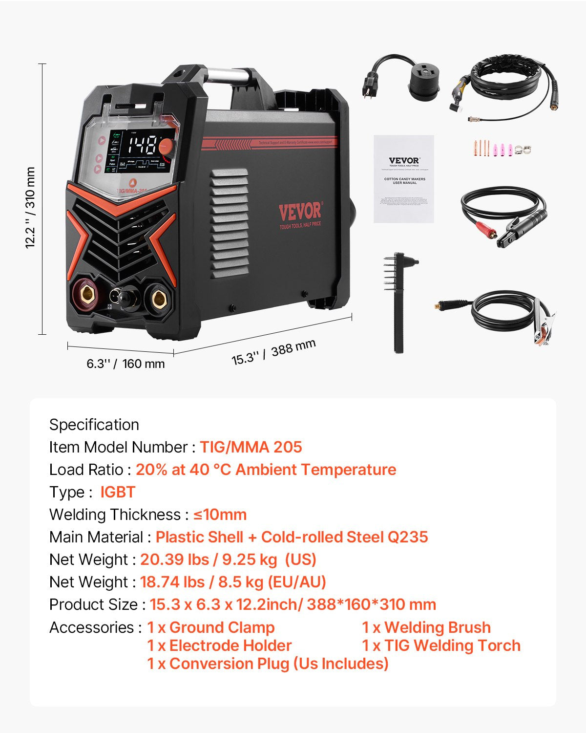 VEVOR TIG Welder 3-In-1 Welding Machine Pulse MMA Stick IGBT Inverter LED 