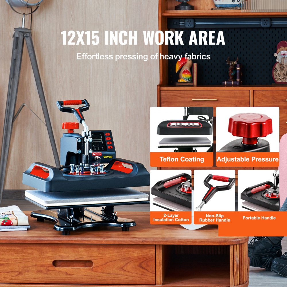 VEVOR Heat Press Machine 12 x 15 Inch 8 in 1 Heat Press Sublimation Machine 360° Rotation Swing Away 8 in 1 Shirt Printing Machine Dual-Tube Heating for DIY T-Shirts Cap & Mugs Red 