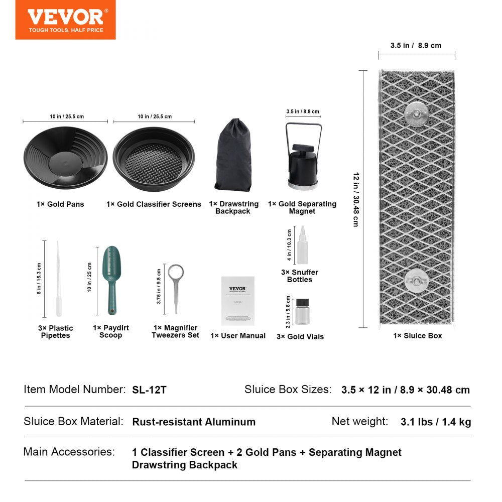 VEVOR Gold Panning Kit With Mini Sluice Box, 12" Aluminum Gold Mining Equipment, 16 PCS Gold Prospecting Kit with Gold Pan, Classifier Screen, Separating Magnet, Drawstring Backpack and Accessories 