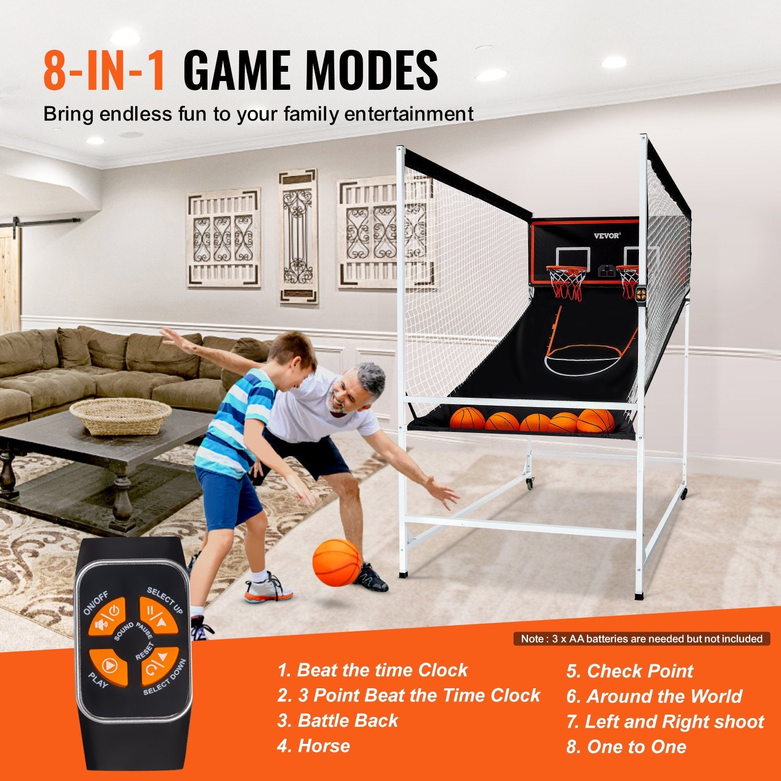 VEVOR Arcade Cage Basketball Game, 2 Player Indoor Basketball Game, Home Dual Shot Sport with 5 Balls, 8 Game Modes, Electronic Scoreboard, and Inflation Pump, for Kids, Adults (Black & White) 