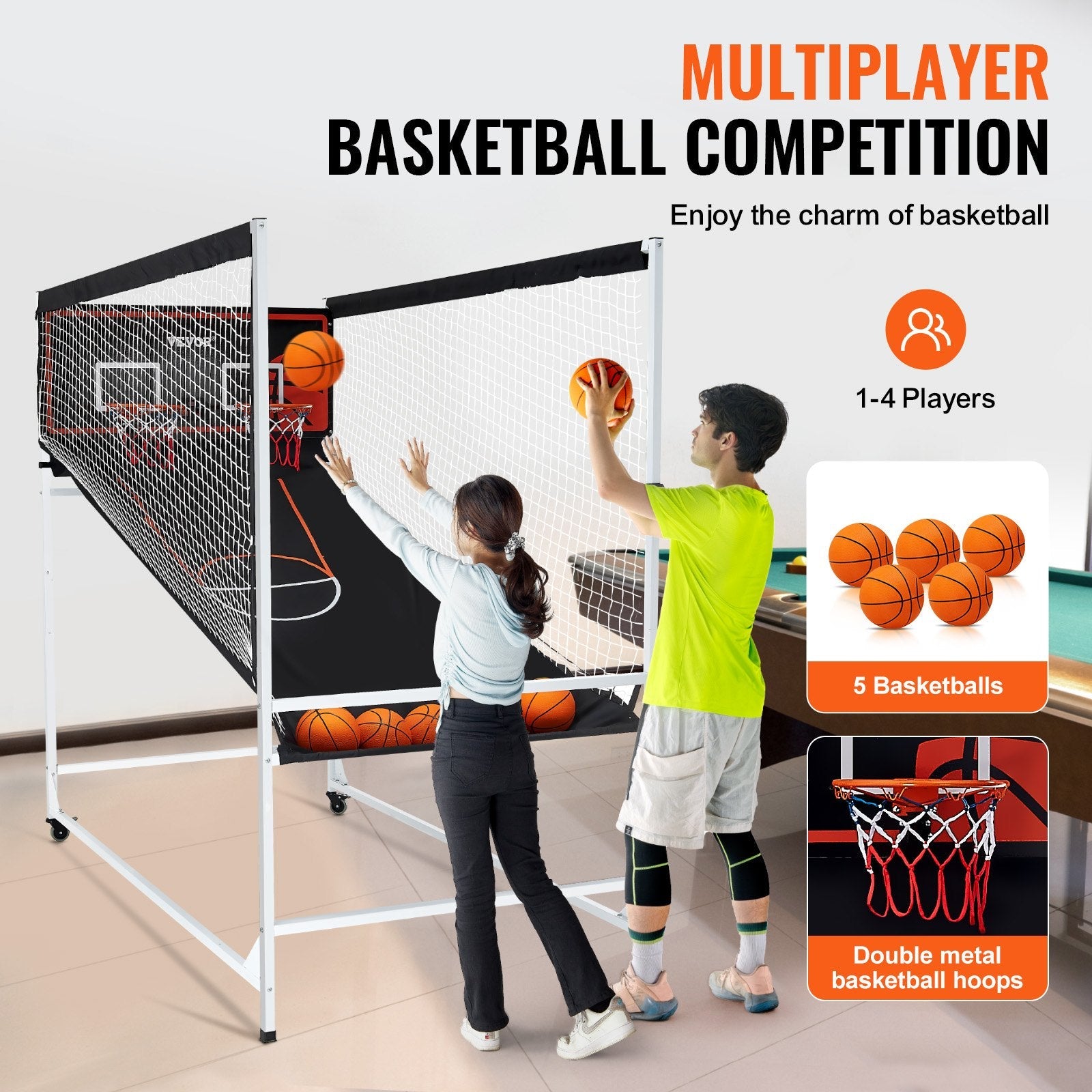 VEVOR Arcade Cage Basketball Game, 2 Player Indoor Basketball Game, Home Dual Shot Sport with 5 Balls, 8 Game Modes, Electronic Scoreboard, and Inflation Pump, for Kids, Adults (Black & White) 