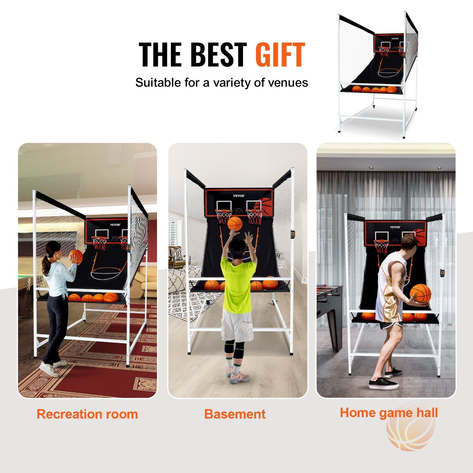 VEVOR Arcade Cage Basketball Game, 2 Player Indoor Basketball Game, Home Dual Shot Sport with 5 Balls, 8 Game Modes, Electronic Scoreboard, and Inflation Pump, for Kids, Adults (Black & White) 