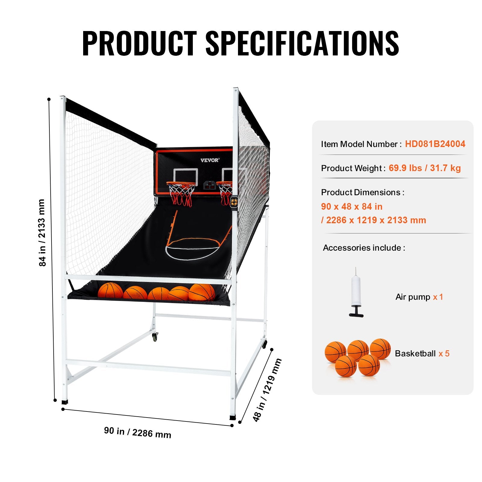 VEVOR Arcade Cage Basketball Game, 2 Player Indoor Basketball Game, Home Dual Shot Sport with 5 Balls, 8 Game Modes, Electronic Scoreboard, and Inflation Pump, for Kids, Adults (Black & White) 