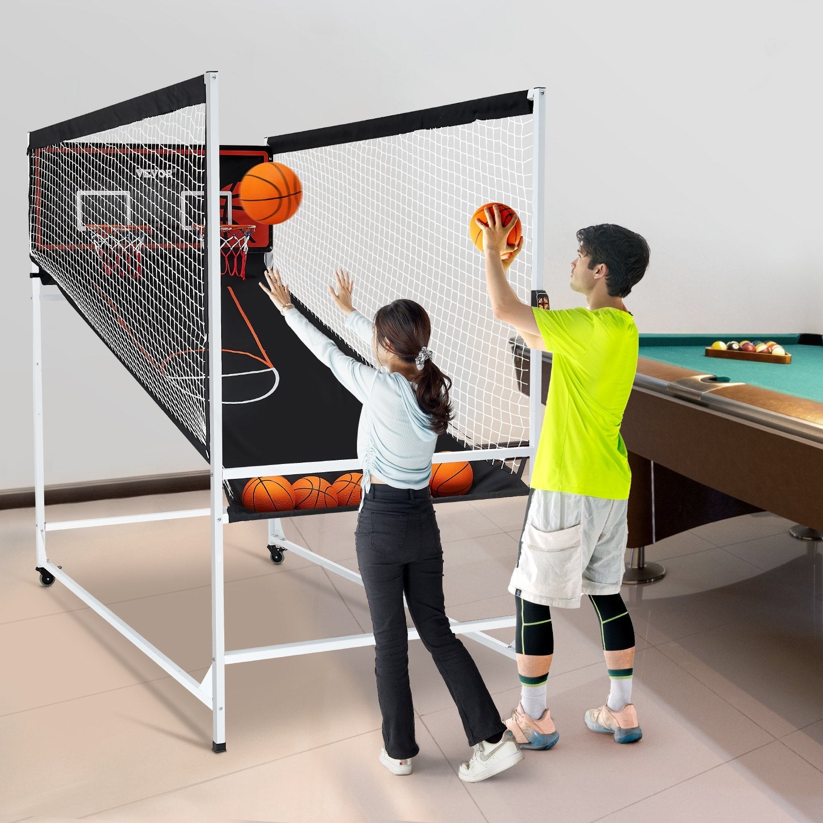 VEVOR Arcade Cage Basketball Game, 2 Player Indoor Basketball Game, Home Dual Shot Sport with 5 Balls, 8 Game Modes, Electronic Scoreboard, and Inflation Pump, for Kids, Adults (Black & White) 