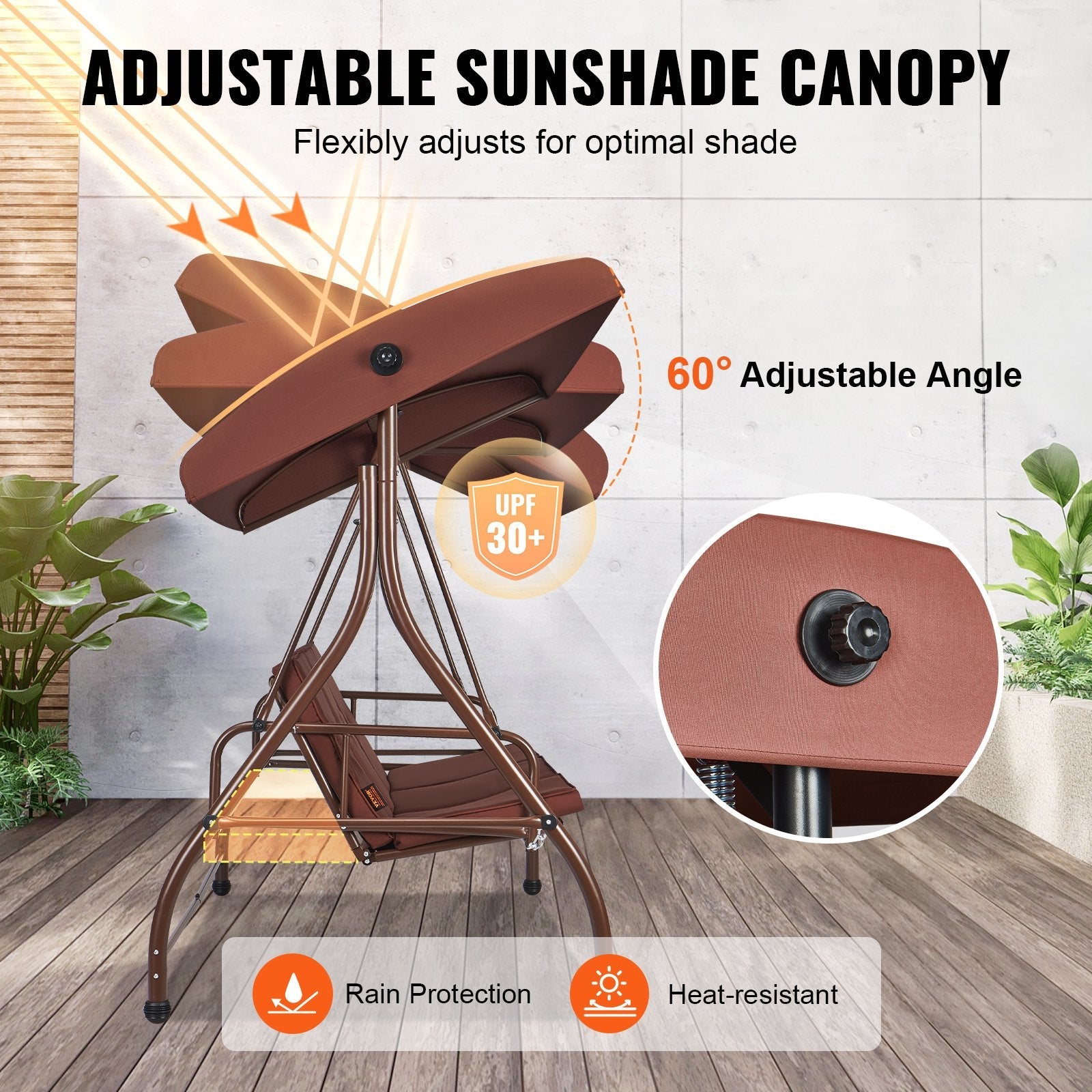 VEVOR 3-Seat Patio Swing Chair, Converting Canopy Swing, Outdoor Patio Porch with Adjustable Canopy, Removable Thick Cushion and Alloy Steel Frame, for Balcony, Backyard, Poolside, Brown 
