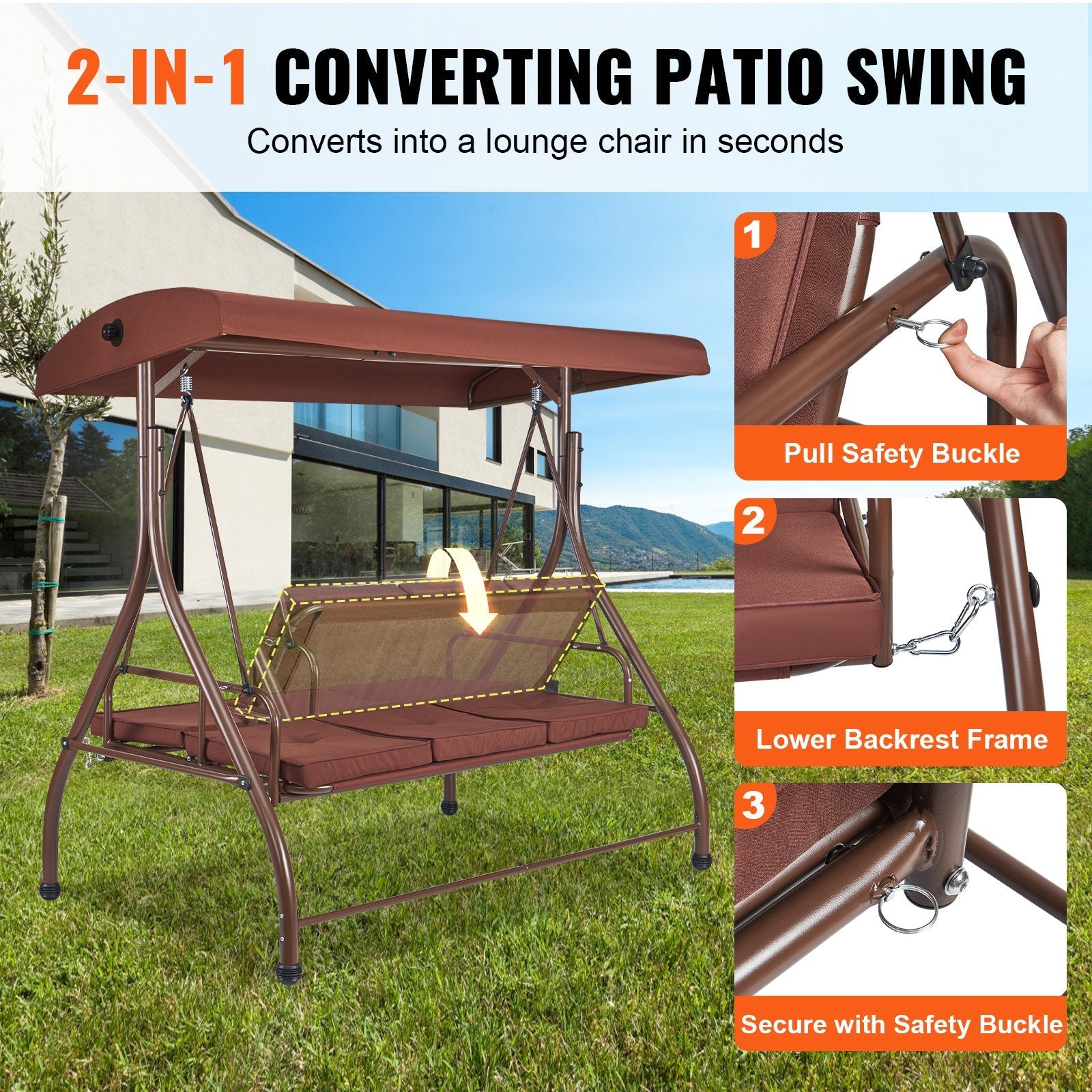 VEVOR 3-Seat Patio Swing Chair, Converting Canopy Swing, Outdoor Patio Porch with Adjustable Canopy, Removable Thick Cushion and Alloy Steel Frame, for Balcony, Backyard, Poolside, Brown 