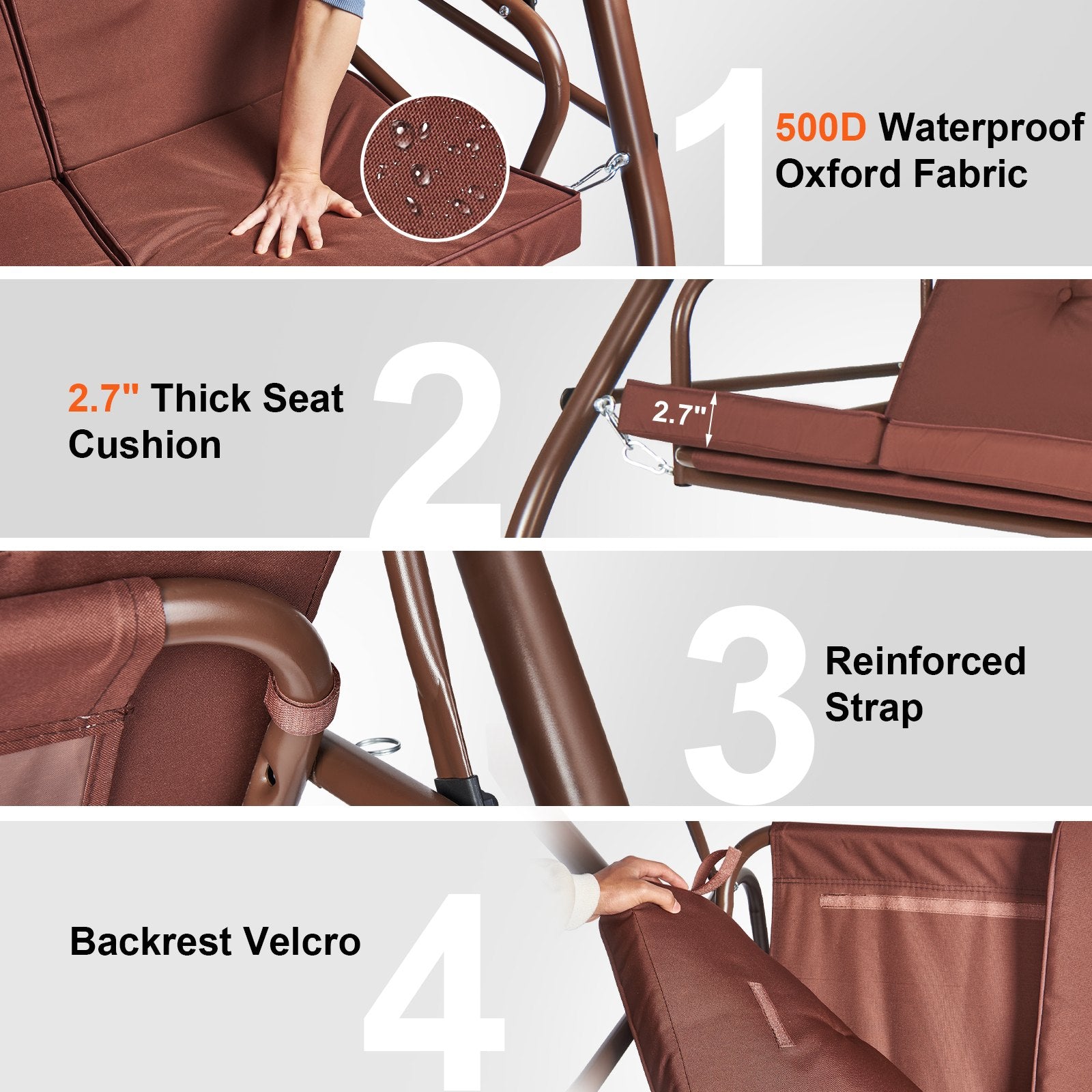 VEVOR 3-Seat Patio Swing Chair, Converting Canopy Swing, Outdoor Patio Porch with Adjustable Canopy, Removable Thick Cushion and Alloy Steel Frame, for Balcony, Backyard, Poolside, Brown 