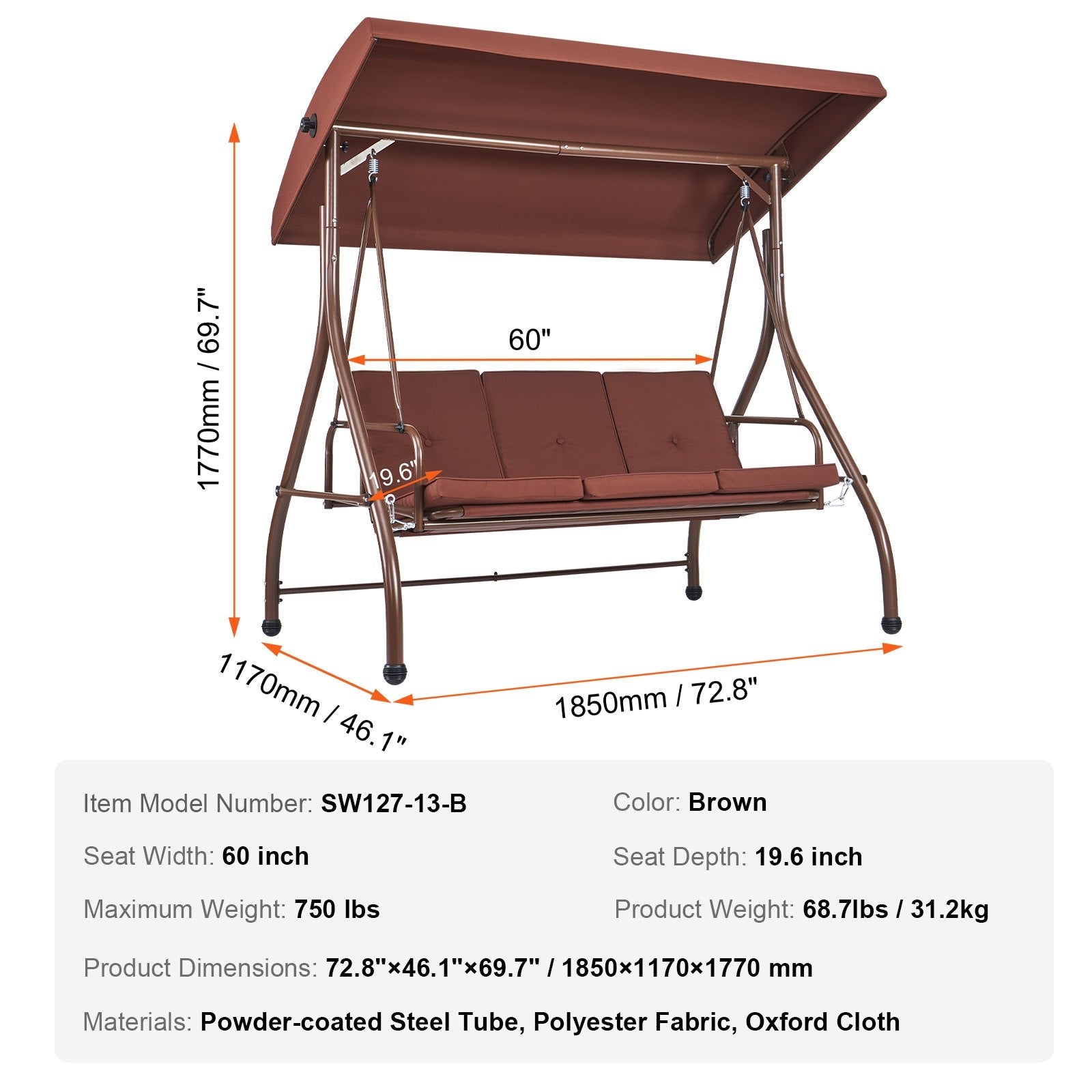 VEVOR 3-Seat Patio Swing Chair, Converting Canopy Swing, Outdoor Patio Porch with Adjustable Canopy, Removable Thick Cushion and Alloy Steel Frame, for Balcony, Backyard, Poolside, Brown 