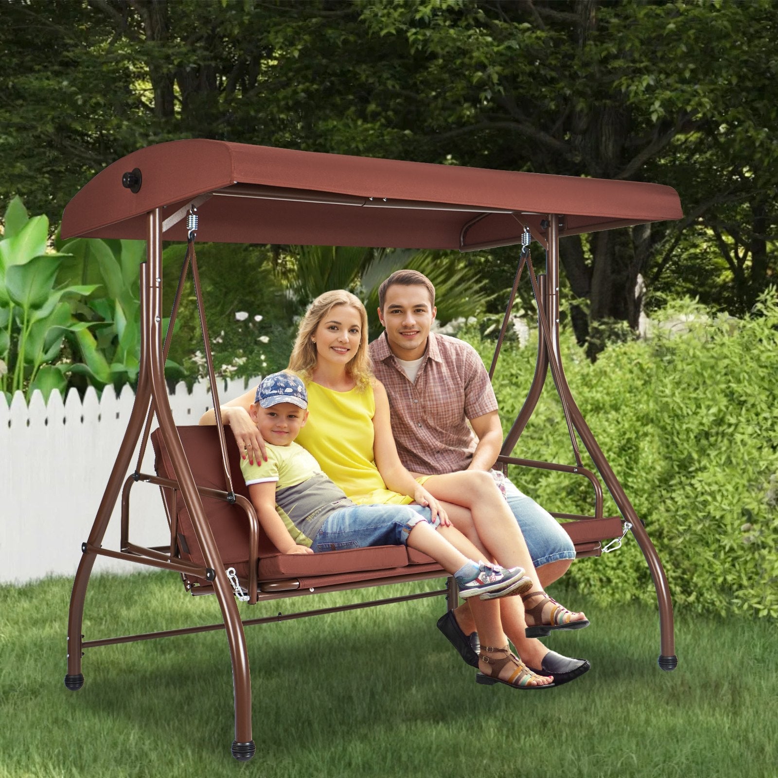 VEVOR 3-Seat Patio Swing Chair, Converting Canopy Swing, Outdoor Patio Porch with Adjustable Canopy, Removable Thick Cushion and Alloy Steel Frame, for Balcony, Backyard, Poolside, Brown 