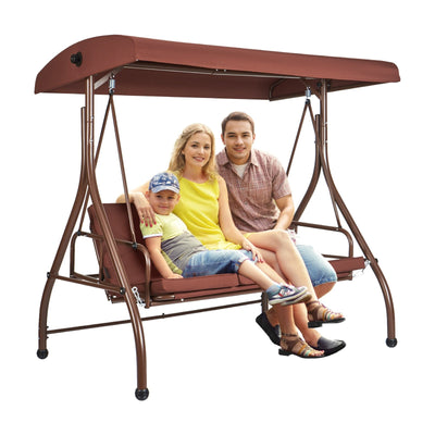 VEVOR 3-Seat Patio Swing Chair, Converting Canopy Swing, Outdoor Patio Porch with Adjustable Canopy, Removable Thick Cushion and Alloy Steel Frame, for Balcony, Backyard, Poolside, Brown 