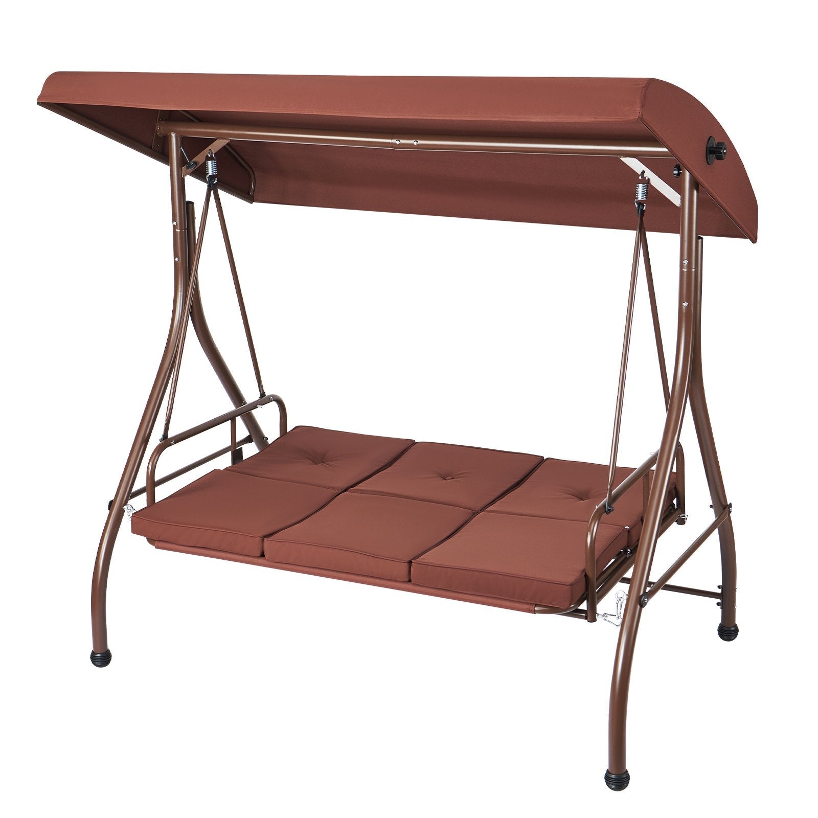 VEVOR 3-Seat Patio Swing Chair, Converting Canopy Swing, Outdoor Patio Porch with Adjustable Canopy, Removable Thick Cushion and Alloy Steel Frame, for Balcony, Backyard, Poolside, Brown 