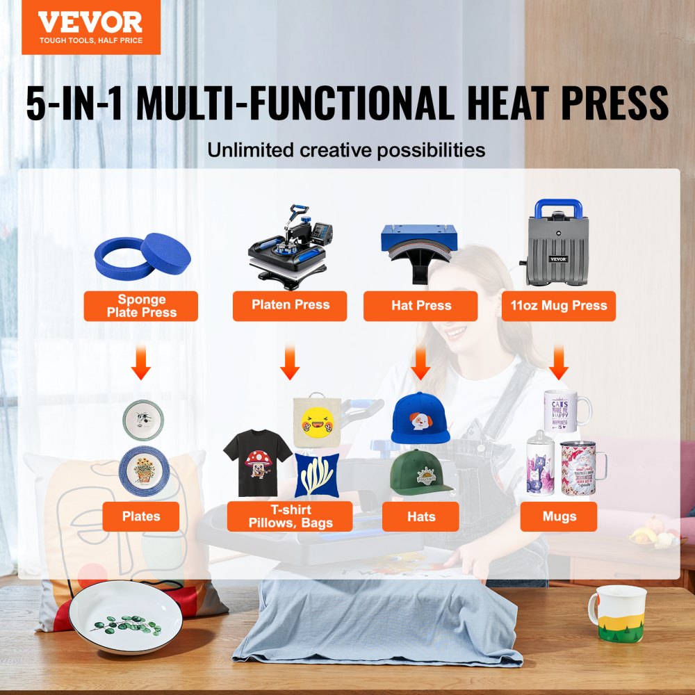 VEVOR Heat Press, 12 x 15inches 800W Heat Press Machine, Sublimation 5 in 1 Combo Sublimation Transfer, Dual Digital Heat Press Transfer, Vinyl Transfer Printer for T Shirts Mugs Caps Plates, Blue 