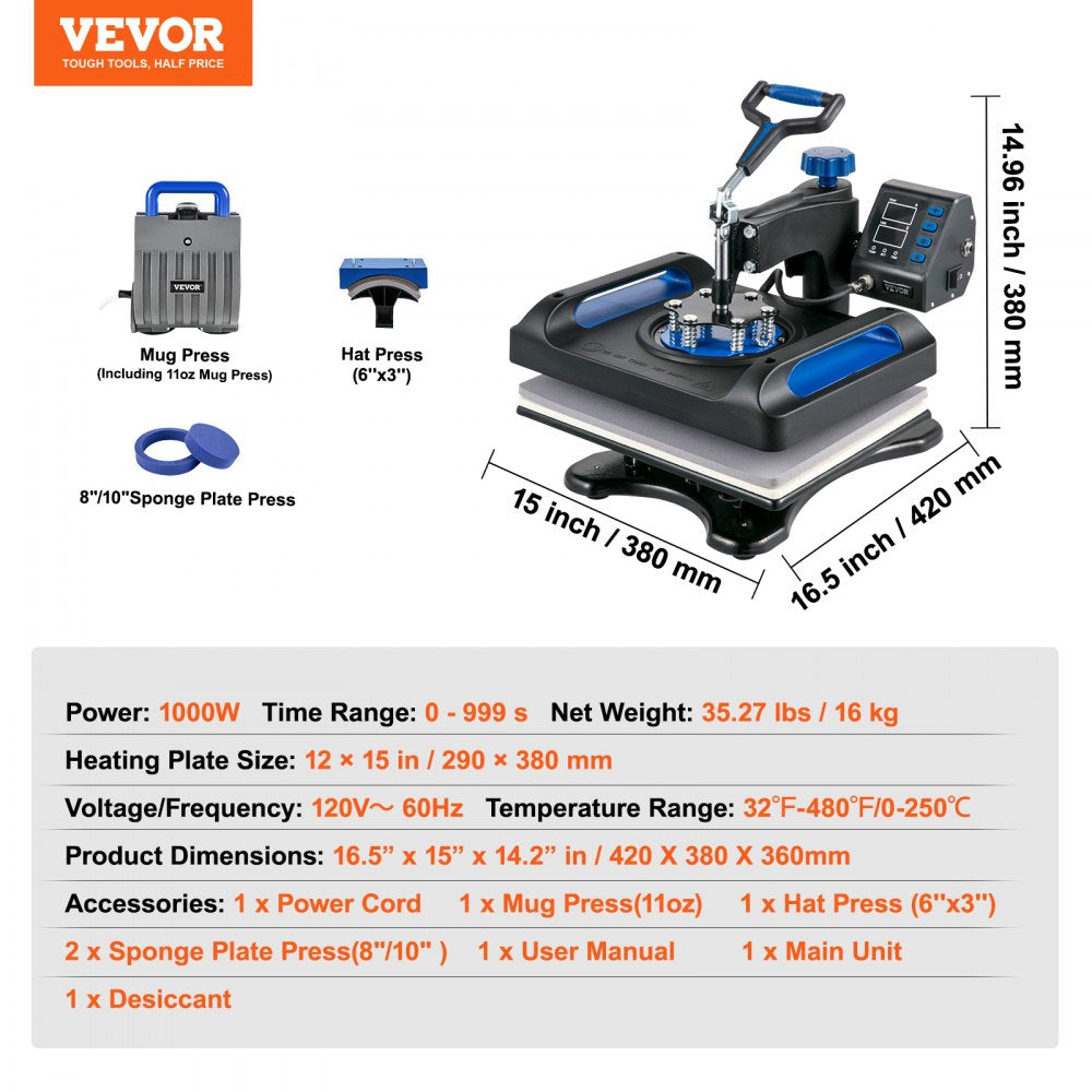 VEVOR Heat Press, 12 x 15inches 800W Heat Press Machine, Sublimation 5 in 1 Combo Sublimation Transfer, Dual Digital Heat Press Transfer, Vinyl Transfer Printer for T Shirts Mugs Caps Plates, Blue 