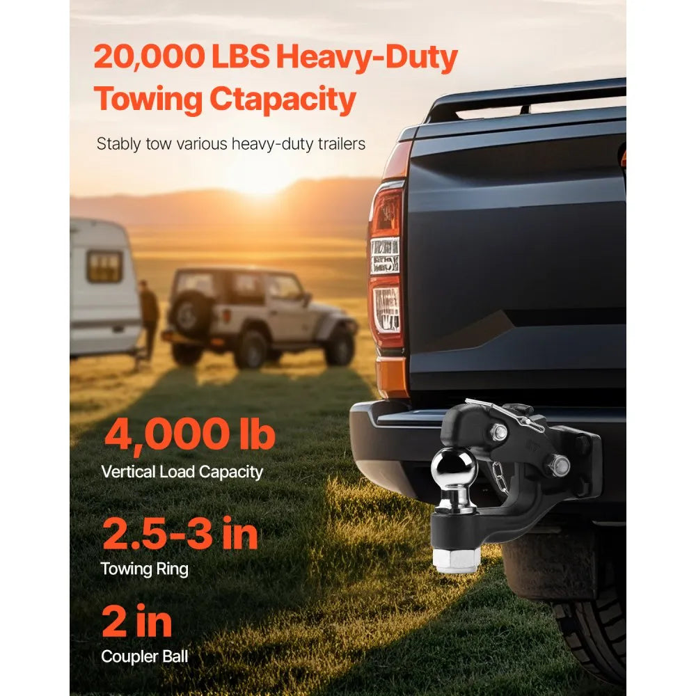 VEVOR Pintle Hitch Combination 2" Hitch Ball for 2.5"-3" Lunette Ring 20000 lbs