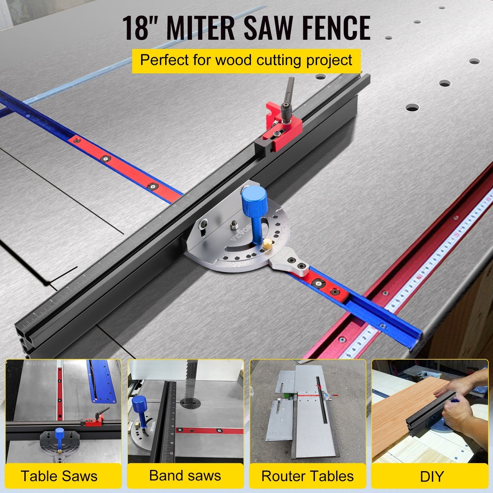 VEVOR Precision Miter Gauge, 18" Aluminum Table Saw Miter Gauge w/ 60 Degree Angled Ends for Max. Stock Support and a Repetitive Cut Flip Stop, Miter Saw Fence w/Laser Marking Scale 