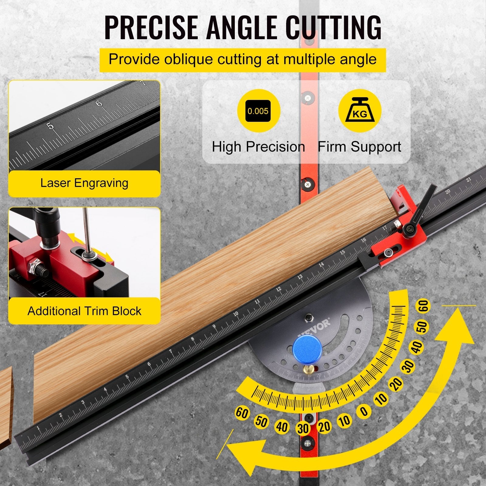 VEVOR Precision Miter Gauge, 18" Aluminum Table Saw Miter Gauge w/ 60 Degree Angled Ends for Max. Stock Support and a Repetitive Cut Flip Stop, Miter Saw Fence w/Laser Marking Scale 