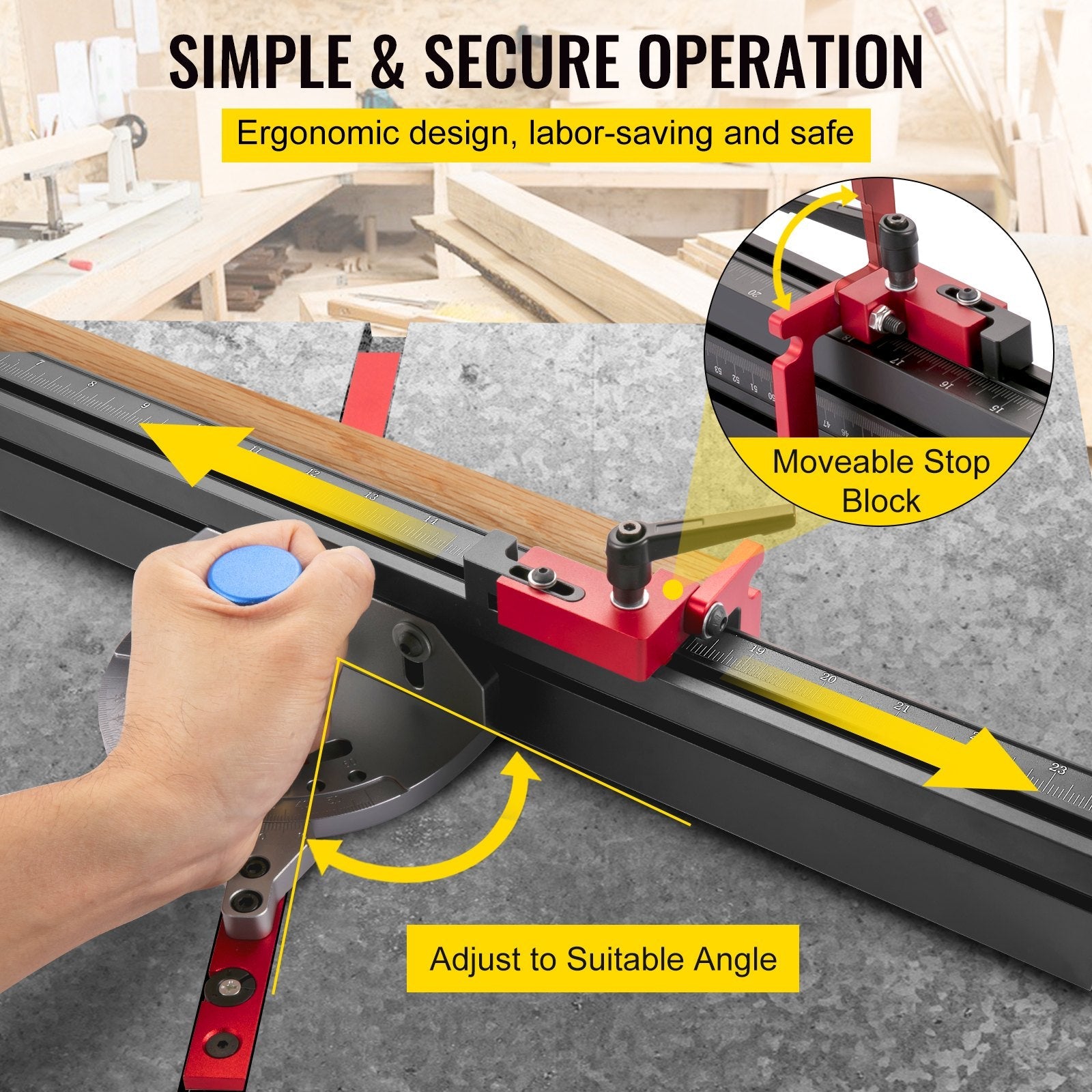 VEVOR Precision Miter Gauge, 18" Aluminum Table Saw Miter Gauge w/ 60 Degree Angled Ends for Max. Stock Support and a Repetitive Cut Flip Stop, Miter Saw Fence w/Laser Marking Scale 