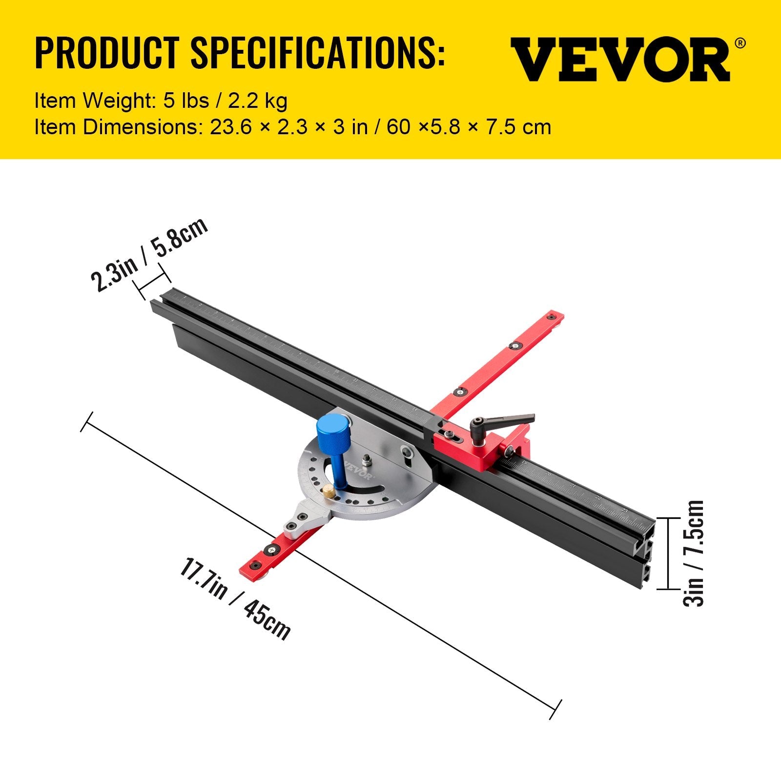 VEVOR Precision Miter Gauge, 18" Aluminum Table Saw Miter Gauge w/ 60 Degree Angled Ends for Max. Stock Support and a Repetitive Cut Flip Stop, Miter Saw Fence w/Laser Marking Scale 
