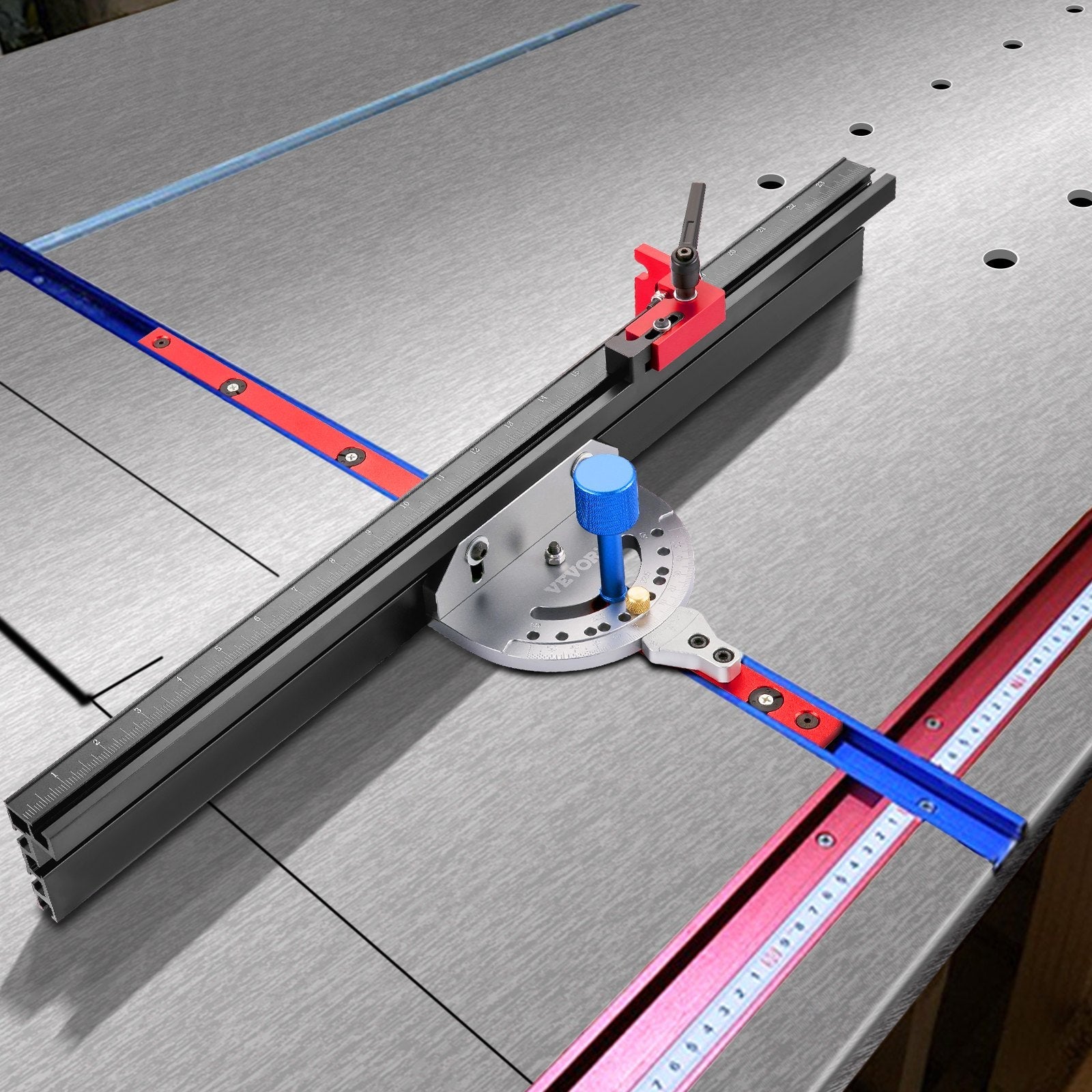 VEVOR Precision Miter Gauge, 18" Aluminum Table Saw Miter Gauge w/ 60 Degree Angled Ends for Max. Stock Support and a Repetitive Cut Flip Stop, Miter Saw Fence w/Laser Marking Scale 