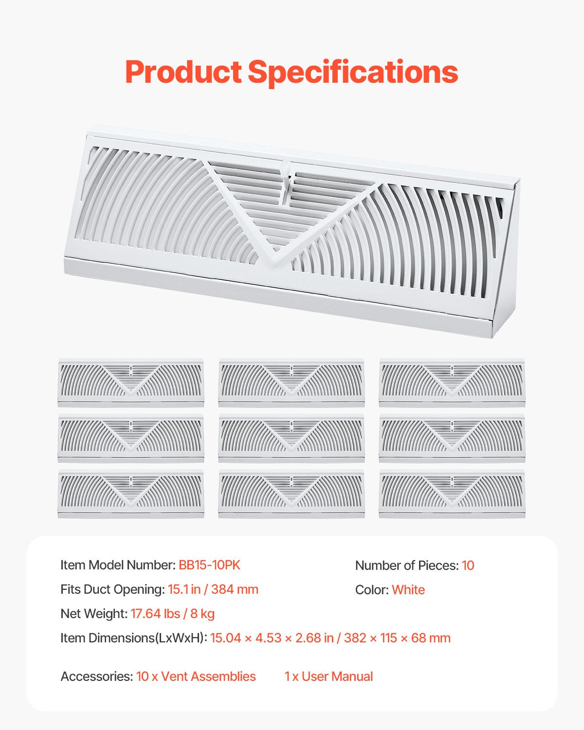 VEVOR Floor Registers 15-Inch 10-Pack Floor Vents for HVAC Baseboard Vents White 