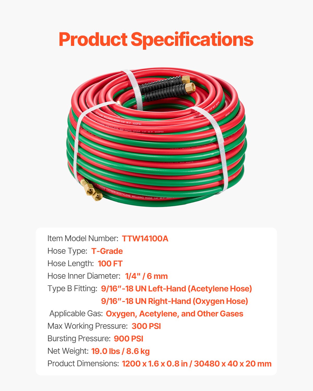 VEVOR Oxygen Acetylene Hose 1/4-Inch x 100FT Oxy Acetylene Hose 300PSI T Grade 