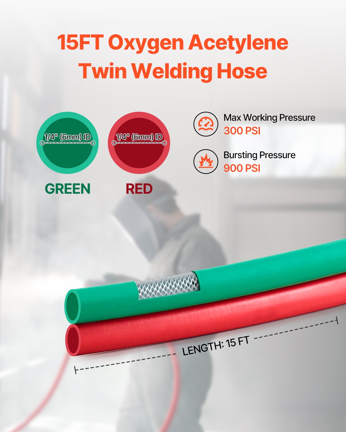 VEVOR Oxygen Acetylene Hose 1/4-Inch x 15FT Oxy Acetylene Hose 300PSI T Grade 