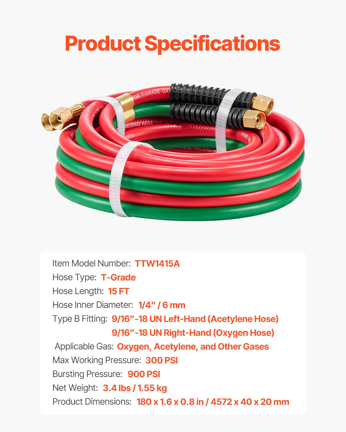VEVOR Oxygen Acetylene Hose 1/4-Inch x 15FT Oxy Acetylene Hose 300PSI T Grade 