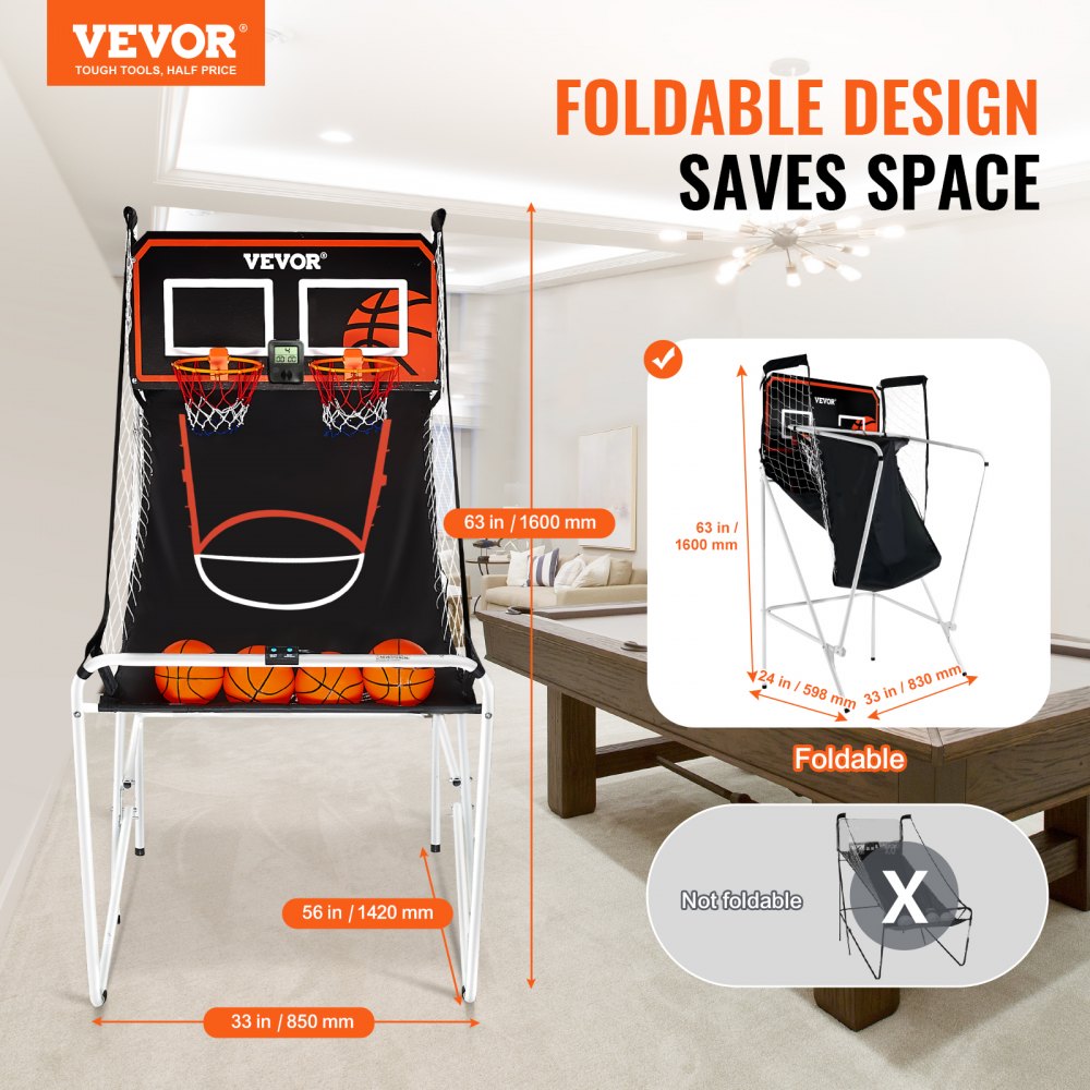 VEVOR Foldable Basketball Arcade Game, 2 Player Indoor Basketball Game, Home Dual Shot Sport with 4 Balls, 8 Game Modes, LCD Electronic Scoreboard, and Inflation Pump, for Kids, Adults (Black & White) 