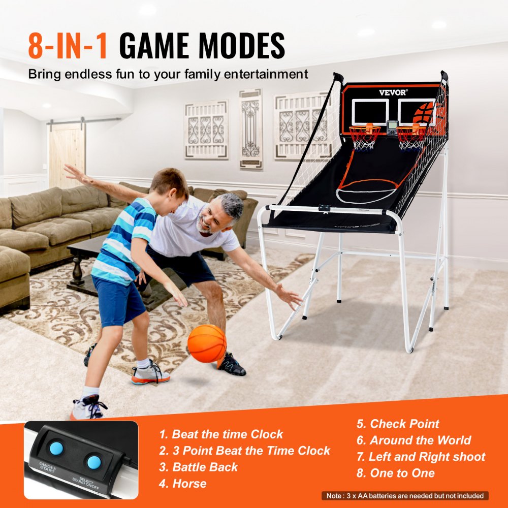 VEVOR Foldable Basketball Arcade Game, 2 Player Indoor Basketball Game, Home Dual Shot Sport with 4 Balls, 8 Game Modes, LCD Electronic Scoreboard, and Inflation Pump, for Kids, Adults (Black & White) 
