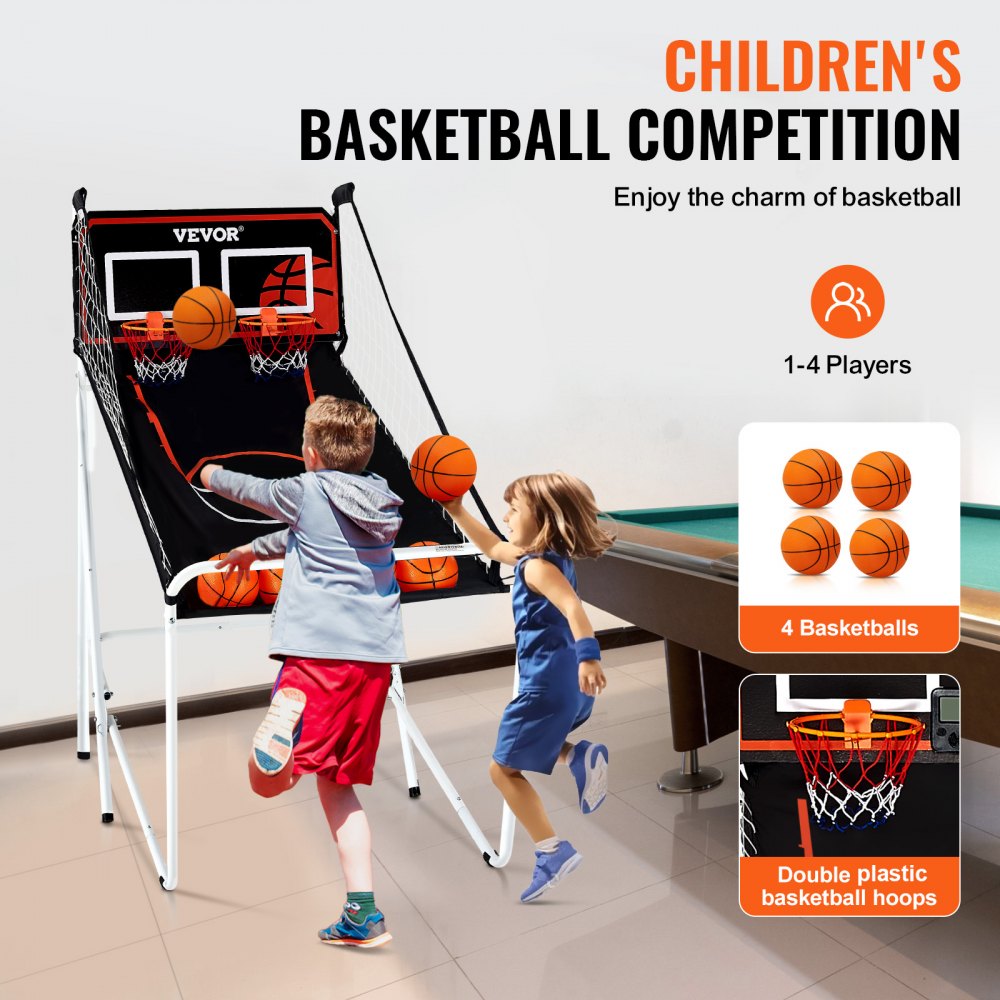 VEVOR Foldable Basketball Arcade Game, 2 Player Indoor Basketball Game, Home Dual Shot Sport with 4 Balls, 8 Game Modes, LCD Electronic Scoreboard, and Inflation Pump, for Kids, Adults (Black & White) 