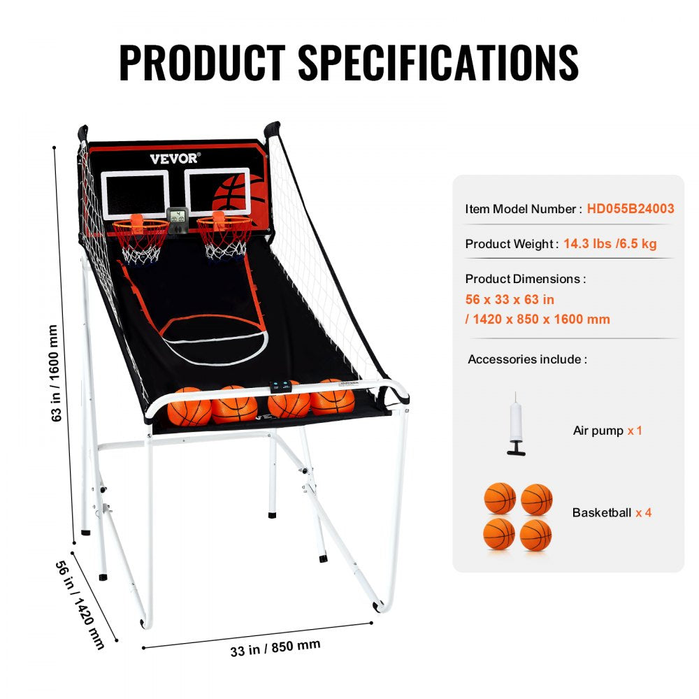VEVOR Foldable Basketball Arcade Game, 2 Player Indoor Basketball Game, Home Dual Shot Sport with 4 Balls, 8 Game Modes, LCD Electronic Scoreboard, and Inflation Pump, for Kids, Adults (Black & White) 