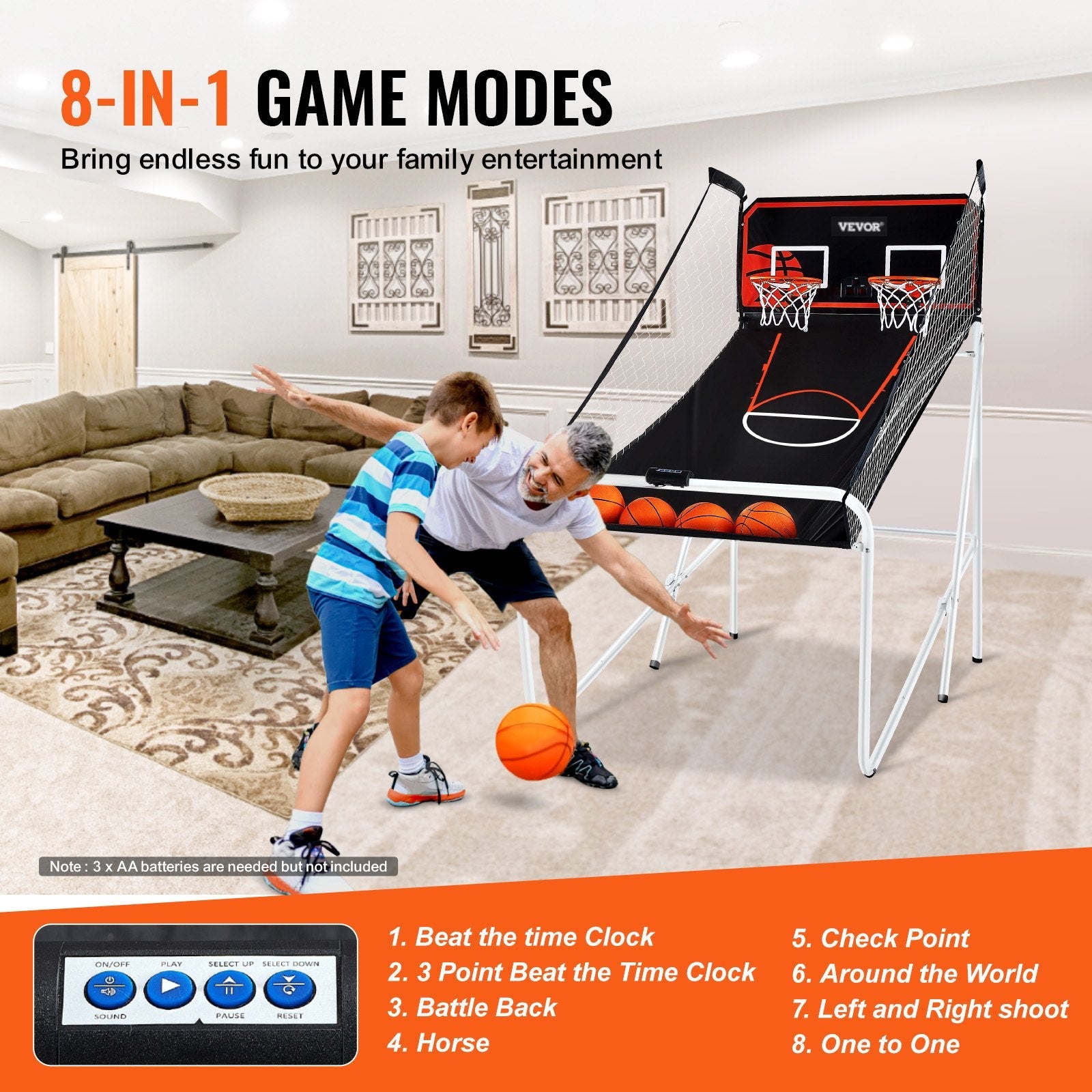 VEVOR Foldable Basketball Arcade Game, 2 Player Indoor Basketball Game, Home Dual Shot Sport with 4 Balls, 8 Game Modes, Electronic Scoreboard, and Inflation Pump, for Kids, Adults (Black & White) 