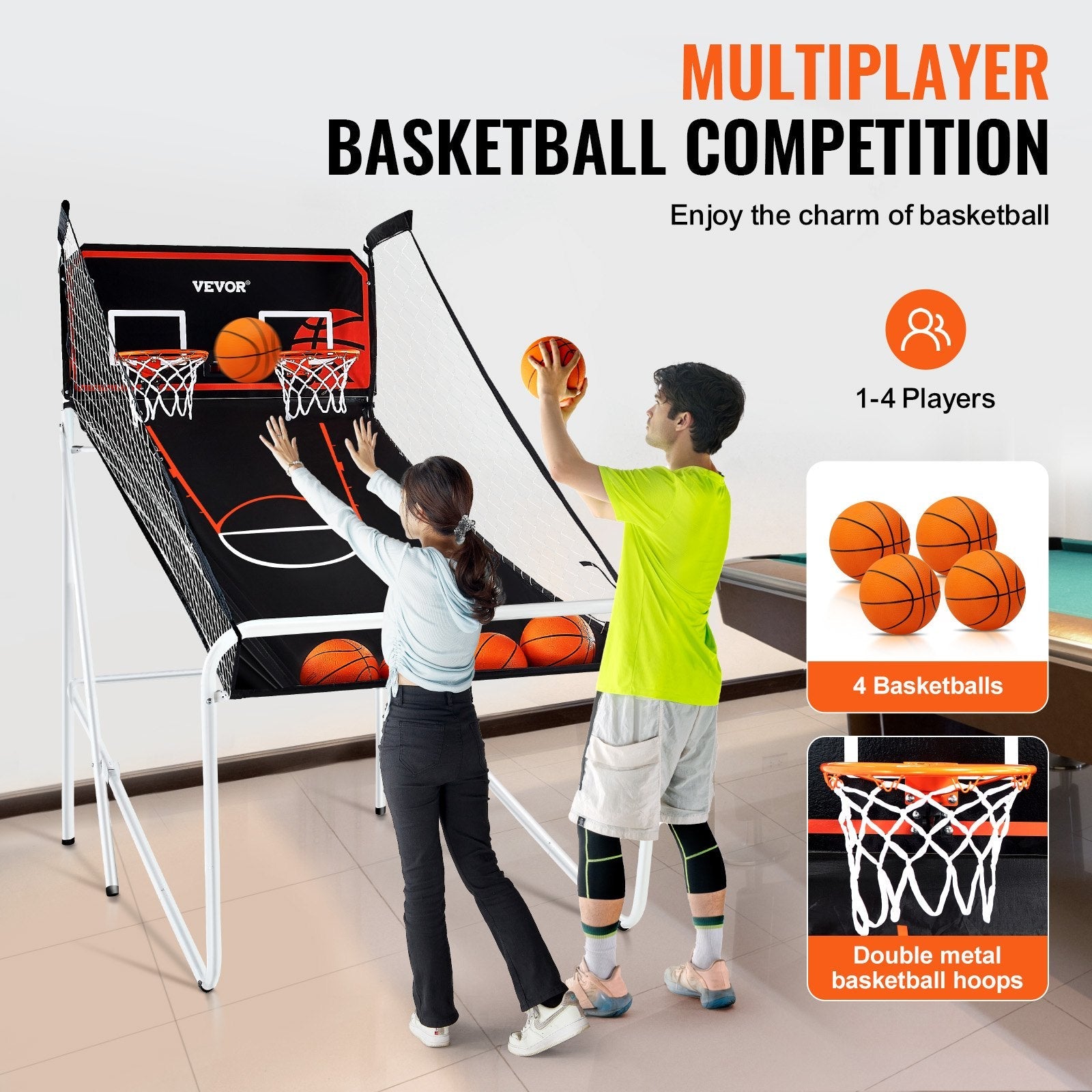 VEVOR Foldable Basketball Arcade Game, 2 Player Indoor Basketball Game, Home Dual Shot Sport with 4 Balls, 8 Game Modes, Electronic Scoreboard, and Inflation Pump, for Kids, Adults (Black & White) 