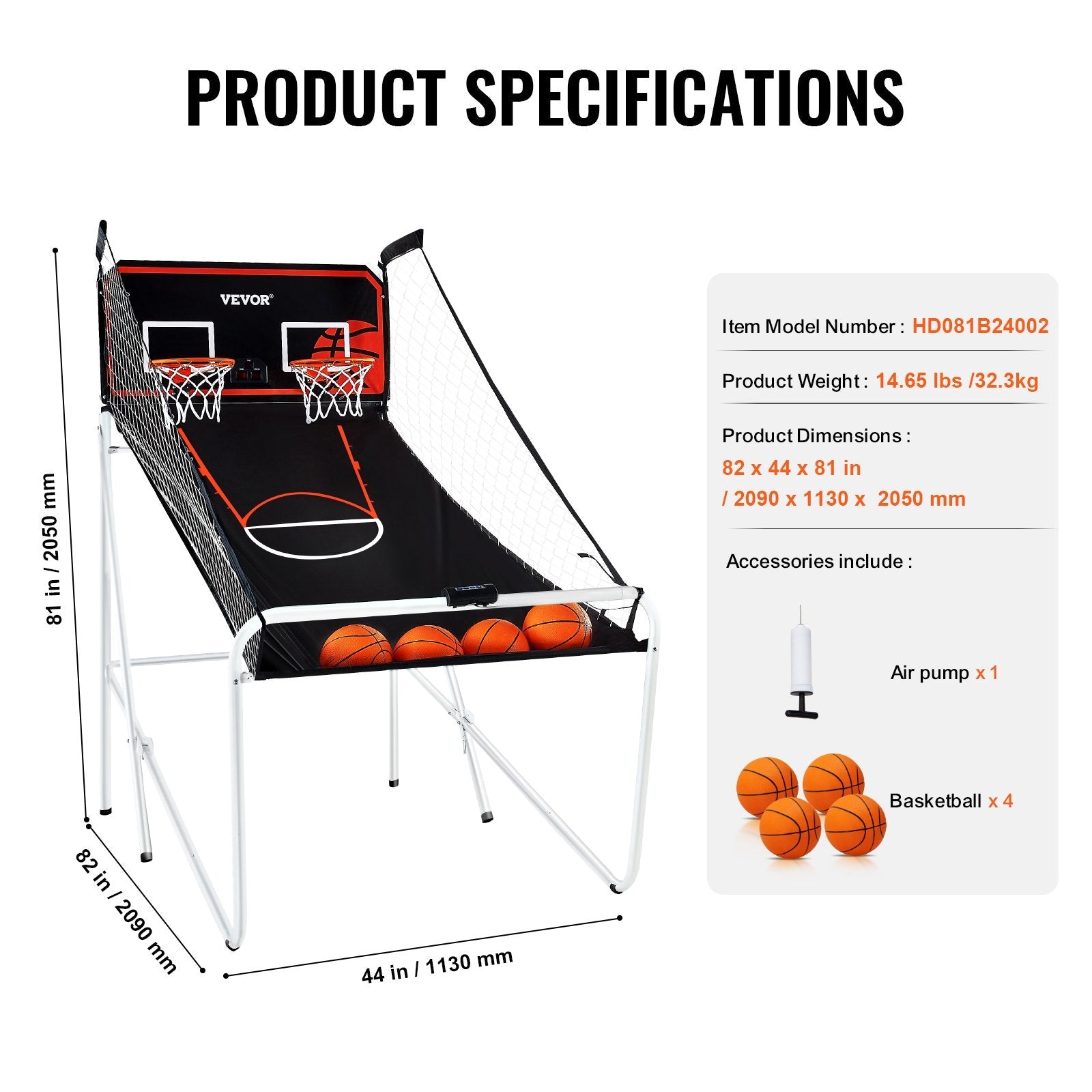 VEVOR Foldable Basketball Arcade Game, 2 Player Indoor Basketball Game, Home Dual Shot Sport with 4 Balls, 8 Game Modes, Electronic Scoreboard, and Inflation Pump, for Kids, Adults (Black & White) 