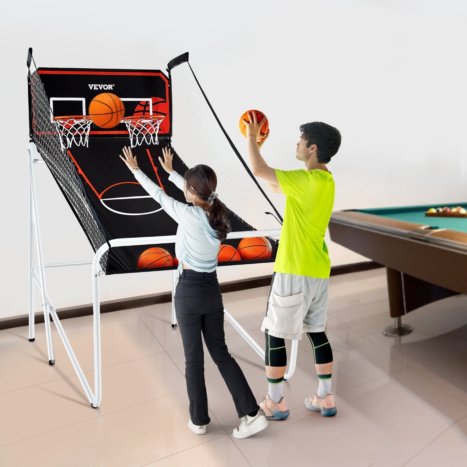 VEVOR Foldable Basketball Arcade Game, 2 Player Indoor Basketball Game, Home Dual Shot Sport with 4 Balls, 8 Game Modes, Electronic Scoreboard, and Inflation Pump, for Kids, Adults (Black & White) 