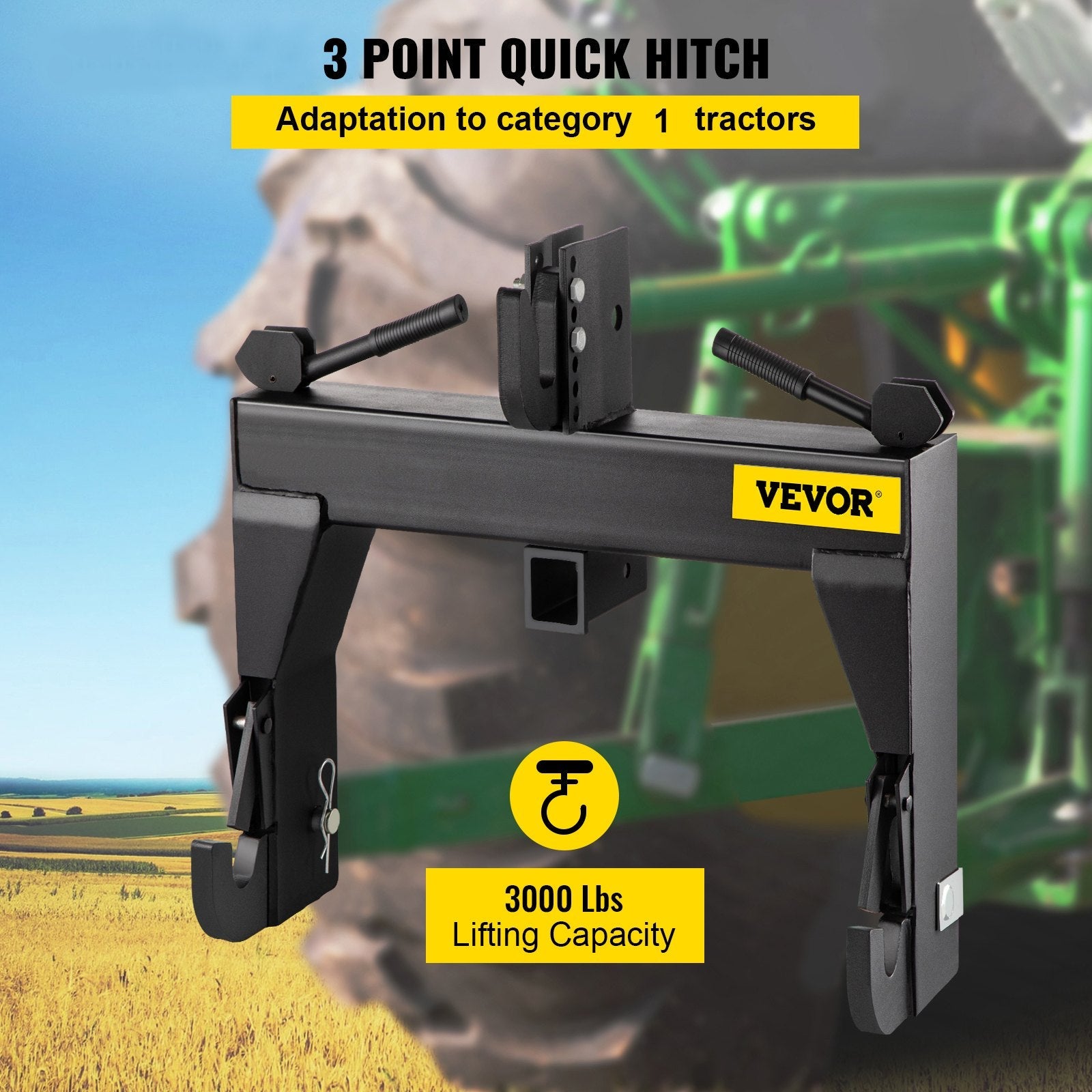 VEVOR 3-Point Quick Hitch, 3000 LBS Lifting Capacity Tractor Quick Hitch, 28.31\" Between Lower Arms Attachments Quick Hitch, No Welding & 5 Level Adjustable Bolt, Adaptation to Category 1 Tractor 