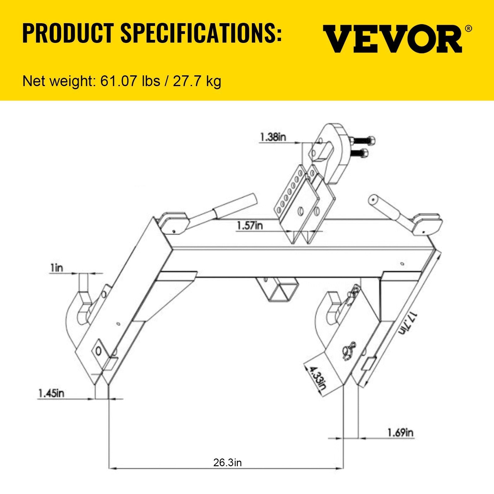 VEVOR 3-Point Quick Hitch, 3000 LBS Lifting Capacity Tractor Quick Hitch, 28.31\" Between Lower Arms Attachments Quick Hitch, No Welding & 5 Level Adjustable Bolt, Adaptation to Category 1 Tractor 