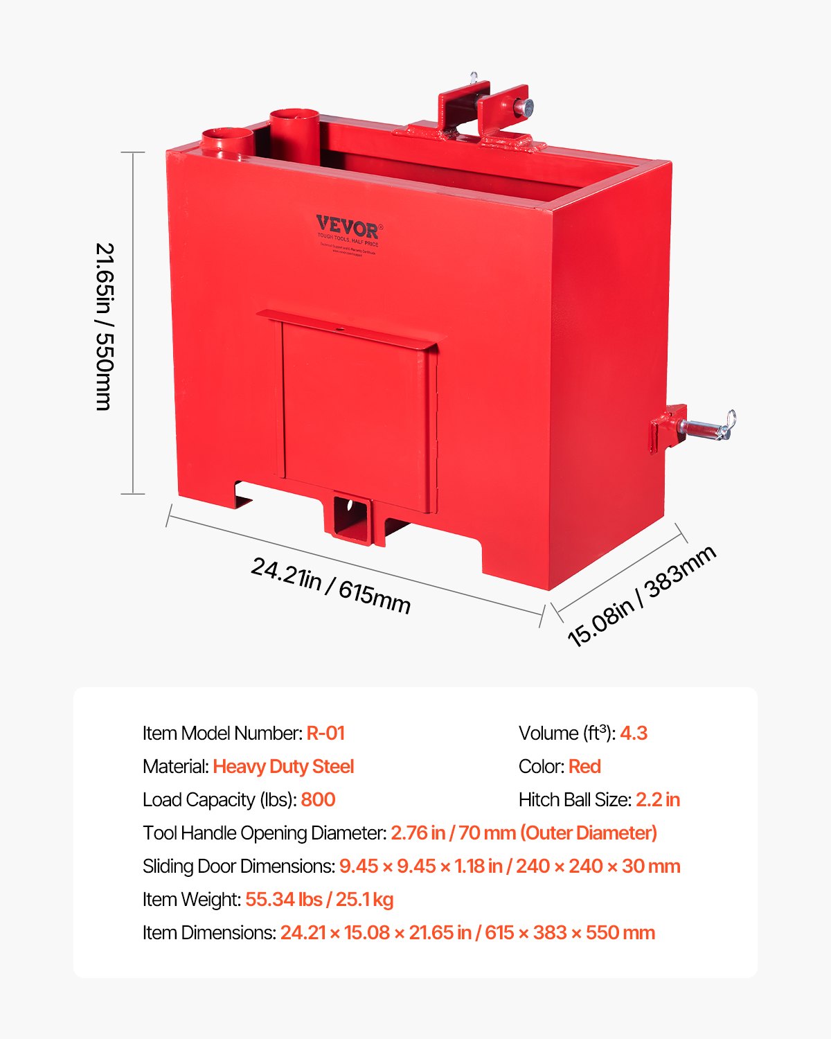 VEVOR Ballast Box 3 Point Category 1 Tractor Quick Tach Hitch Counterweight Red 