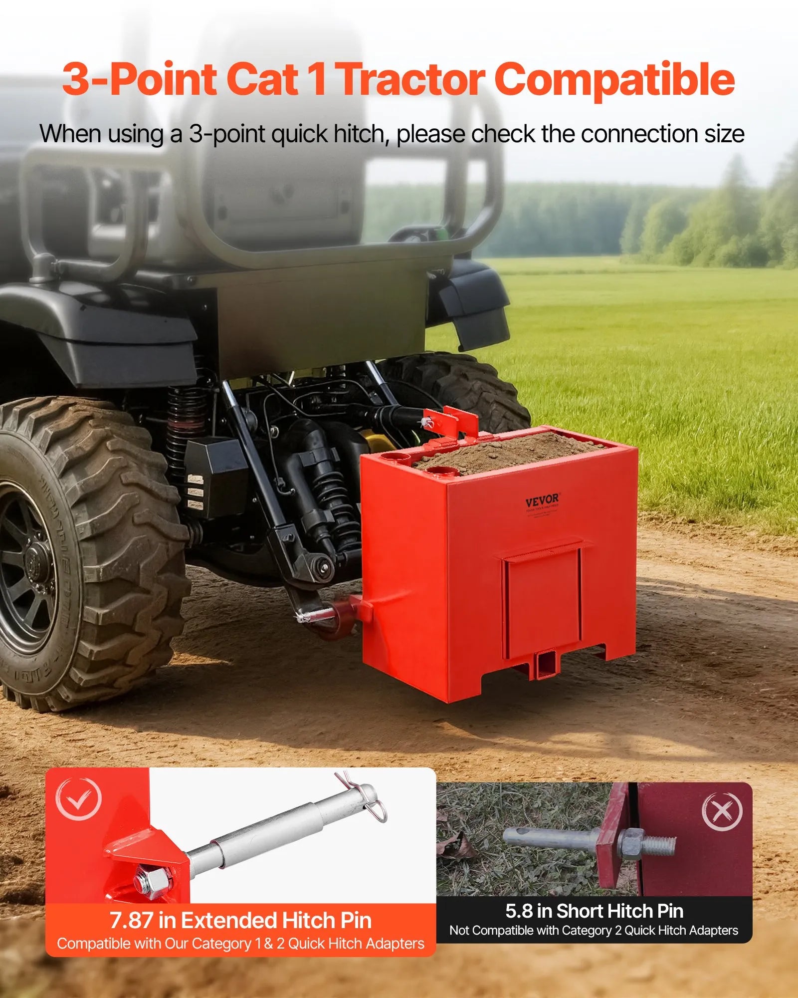 Ballast Box for Category 1 Tractors – 800 lb Capacity with 2" Hitch Receiver – Red