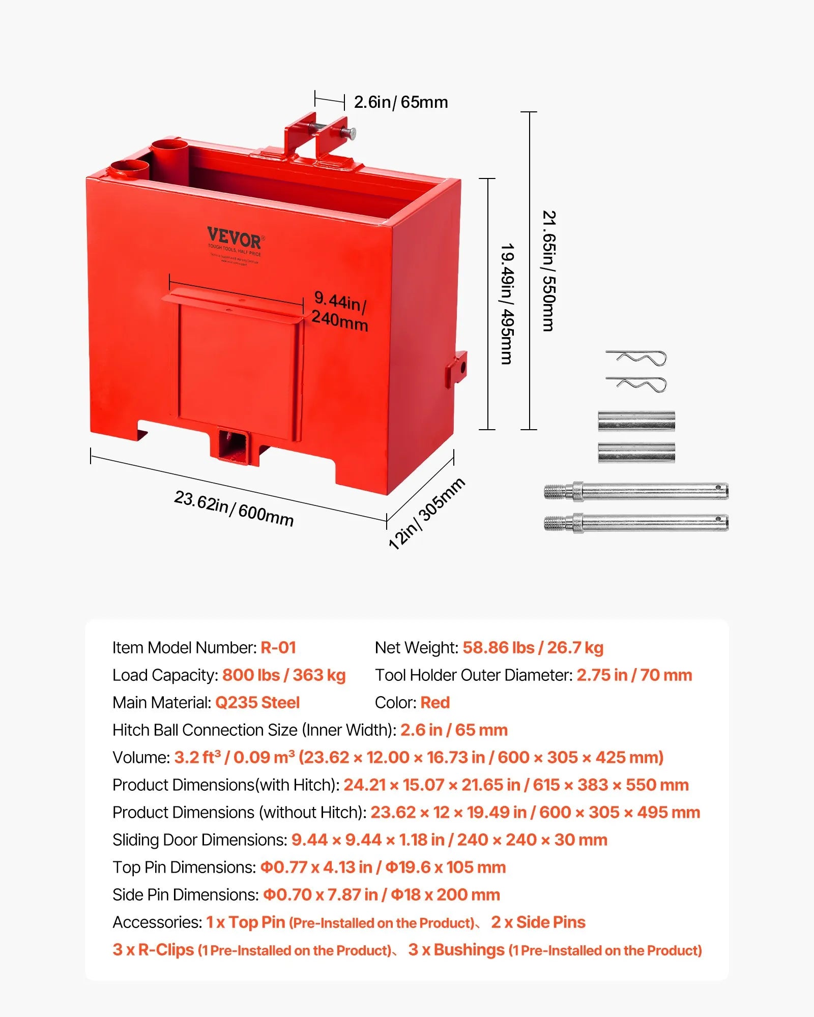 Ballast Box for Category 1 Tractors – 800 lb Capacity with 2" Hitch Receiver – Red