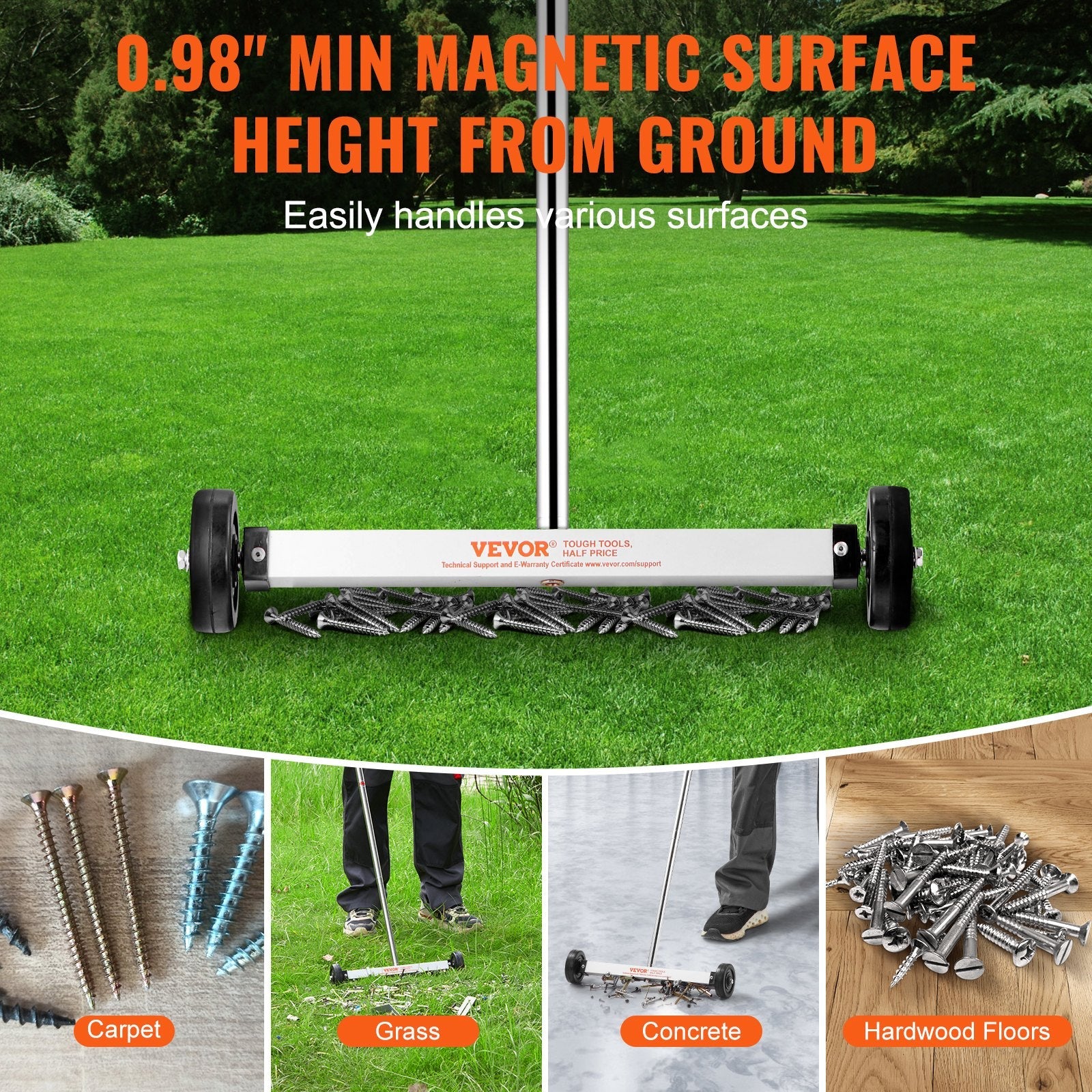 VEVOR Magnetic Sweeper with Wheels 15inch Mini 8 lbs Capacity Adjustable Handle 