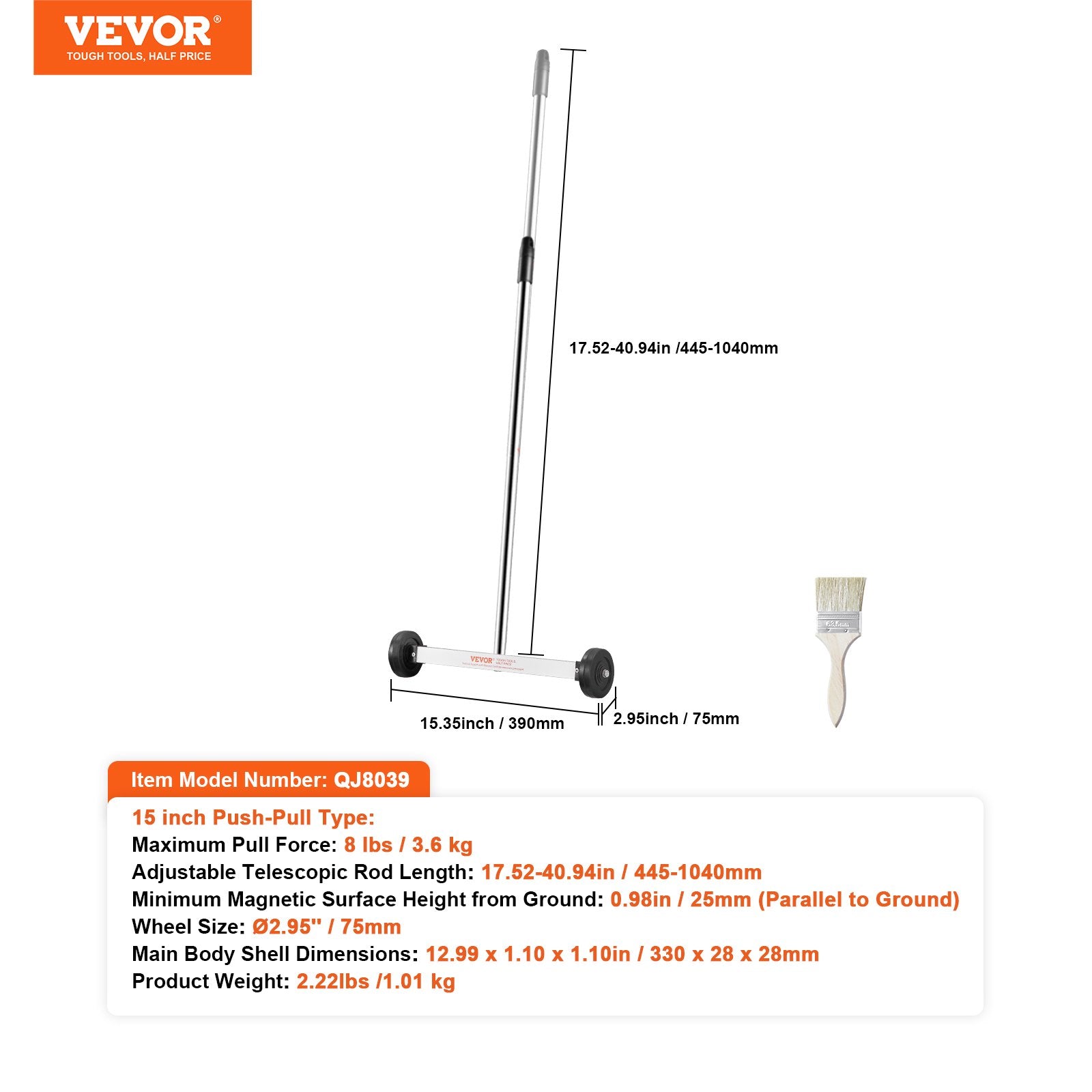 VEVOR Magnetic Sweeper with Wheels 15inch Mini 8 lbs Capacity Adjustable Handle 