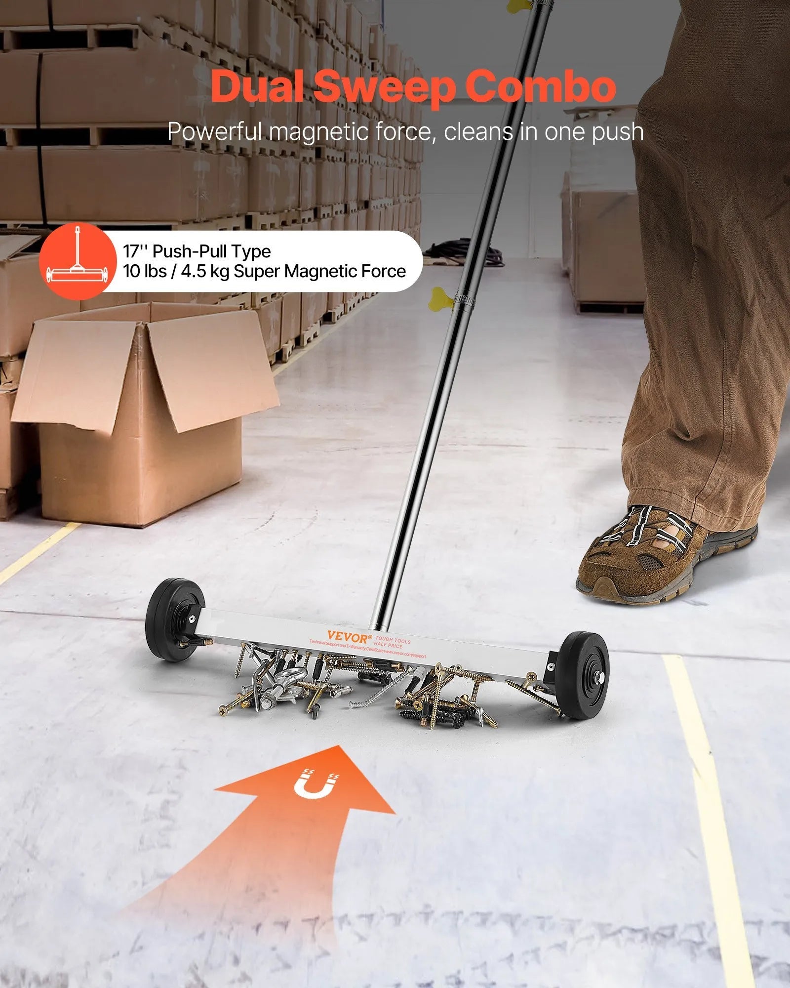 VEVOR Magnetic Sweeper with Wheels, 17 inch, 10 lbs Load Capacity, Lightweight Magnetic Pickup Sweeper with Adjustable Handle, Pick Up Nails and Screws, Easy Cleanup for Garages, Roofing Projects 