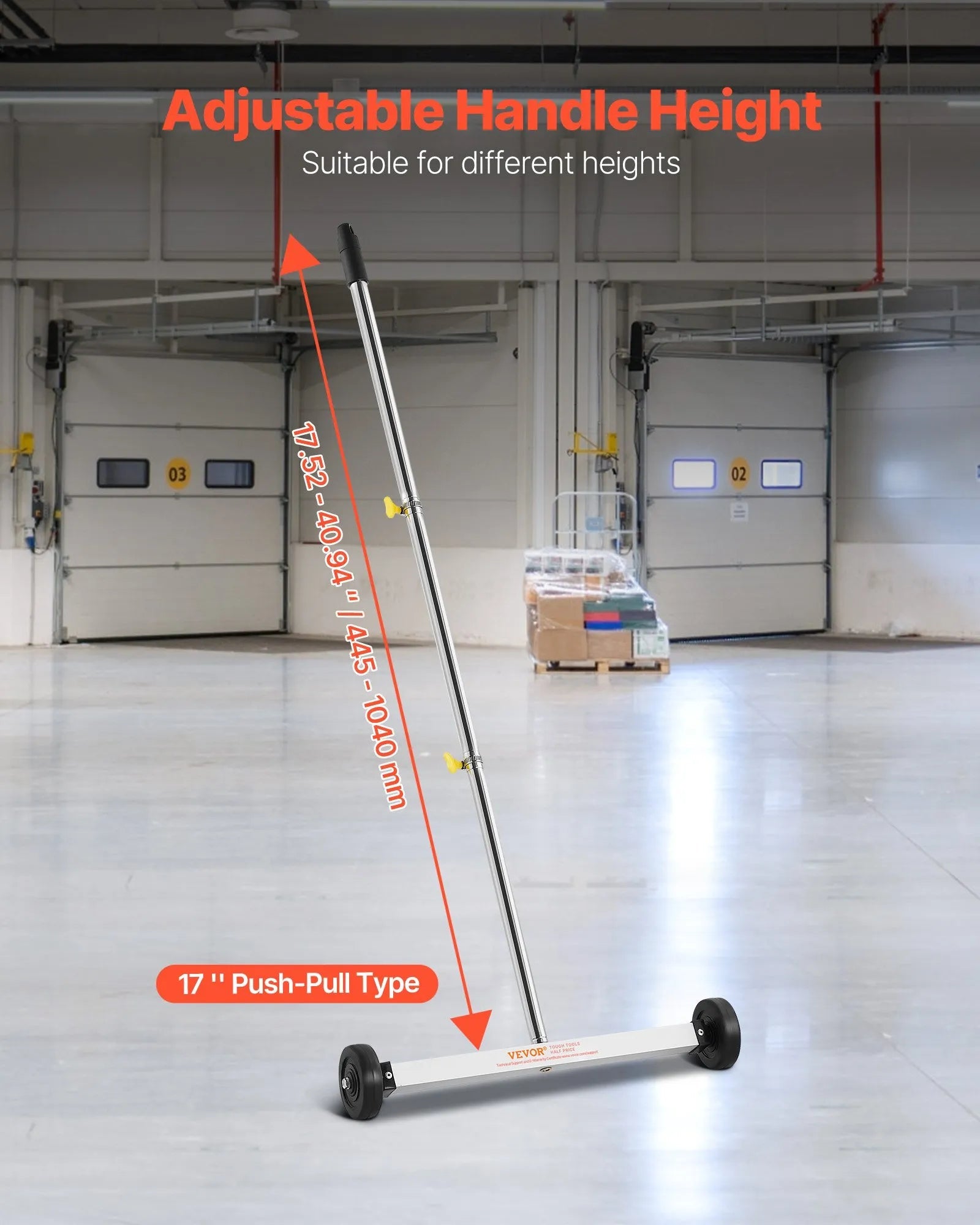 VEVOR Magnetic Sweeper with Wheels, 17 inch, 10 lbs Load Capacity, Lightweight Magnetic Pickup Sweeper with Adjustable Handle, Pick Up Nails and Screws, Easy Cleanup for Garages, Roofing Projects 